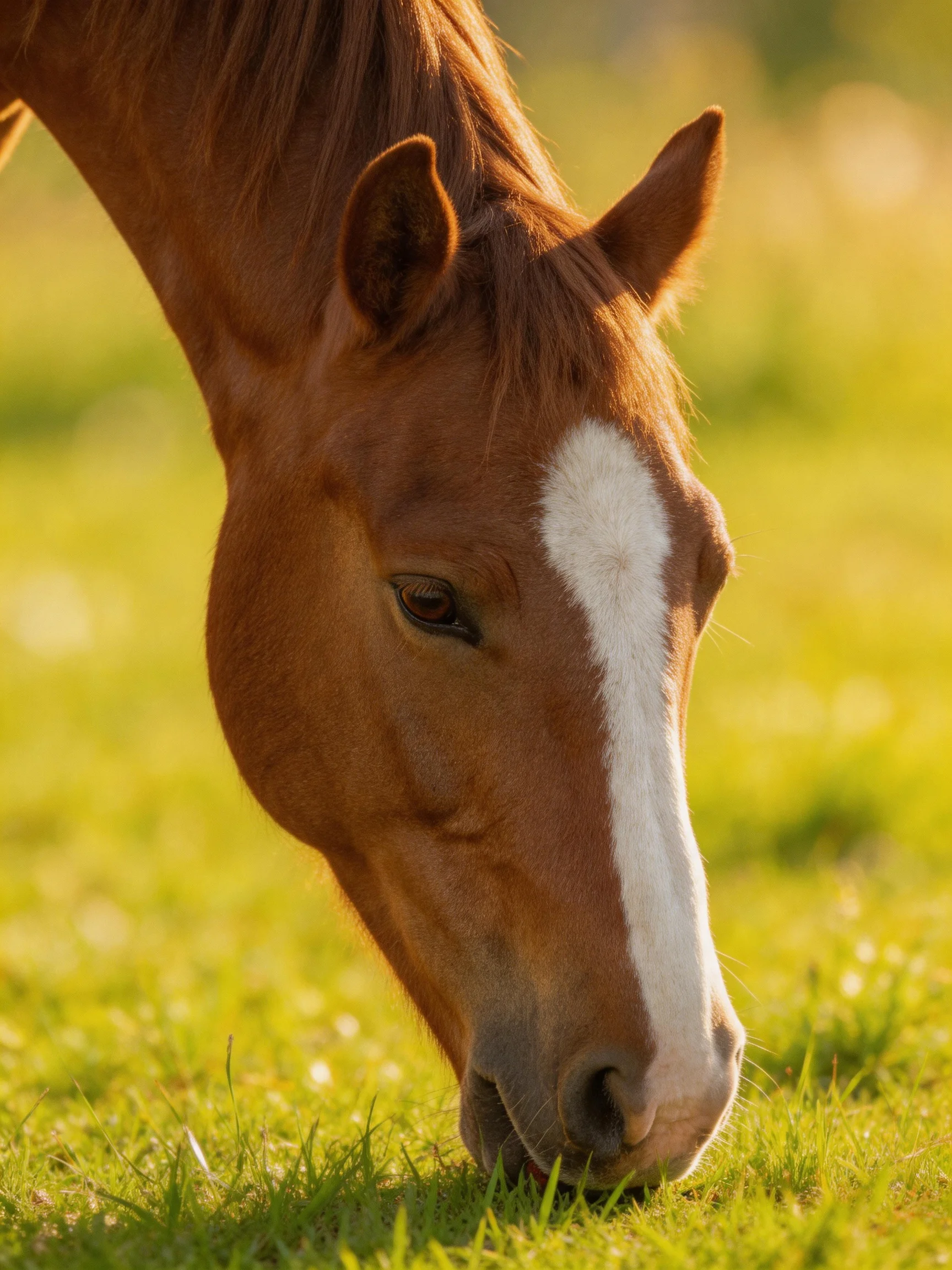 A chestnut horse with a white blaze feeds on grass in a sunlit meadow.