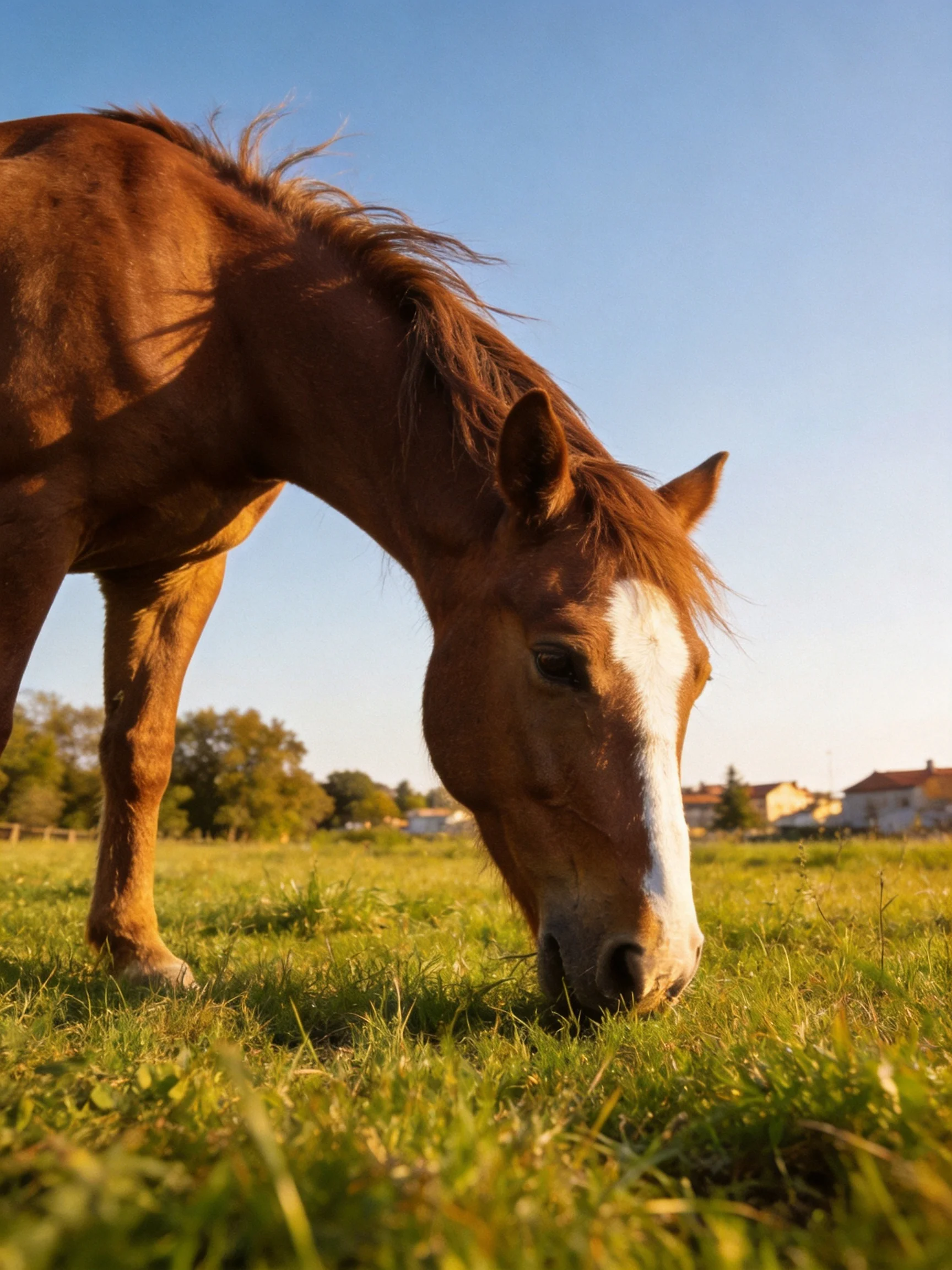 A chestnut horse with a white blaze grazes in a sunlit meadow.
