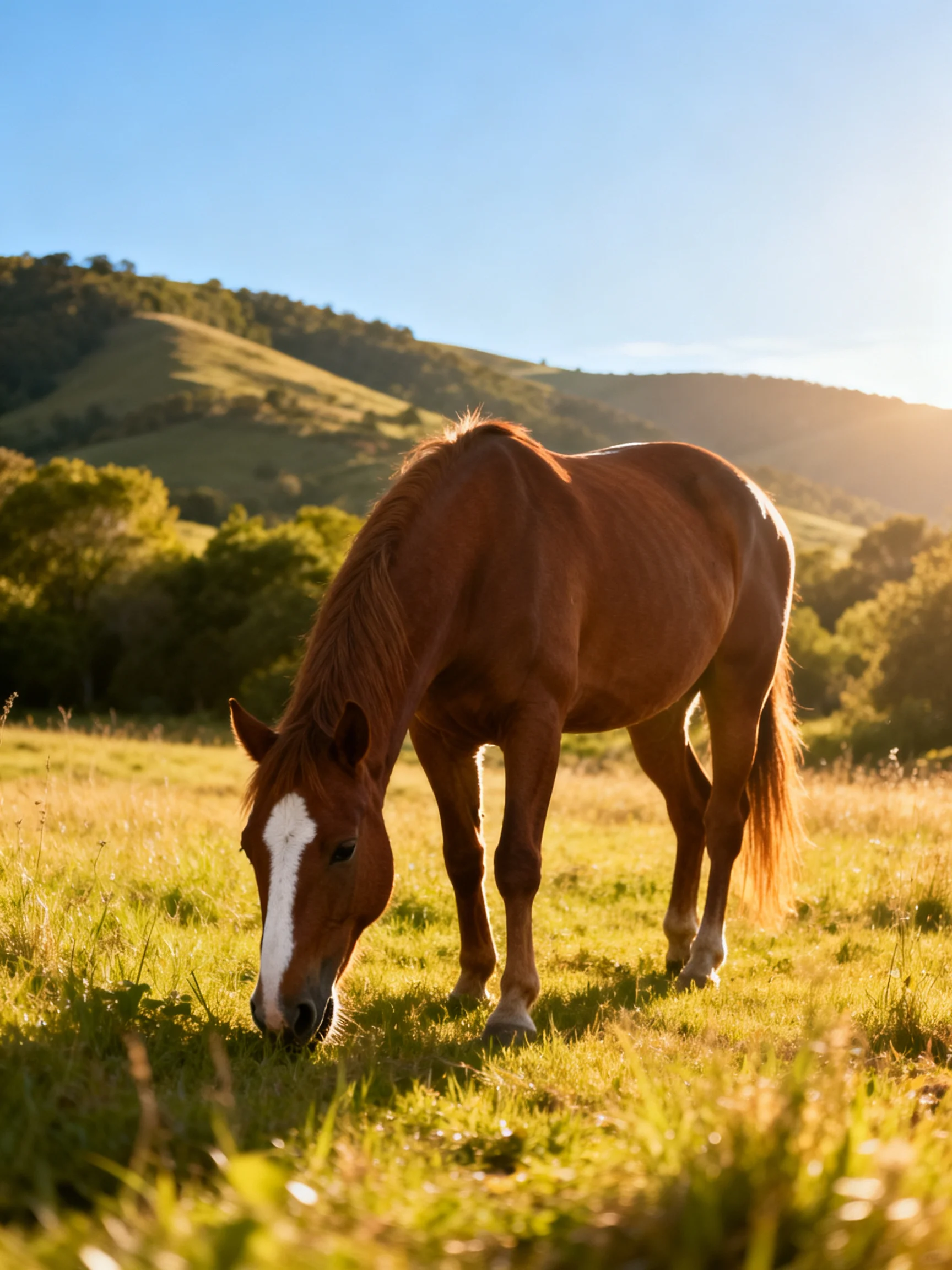 A chestnut horse with a white blaze grazes in a sunlit meadow