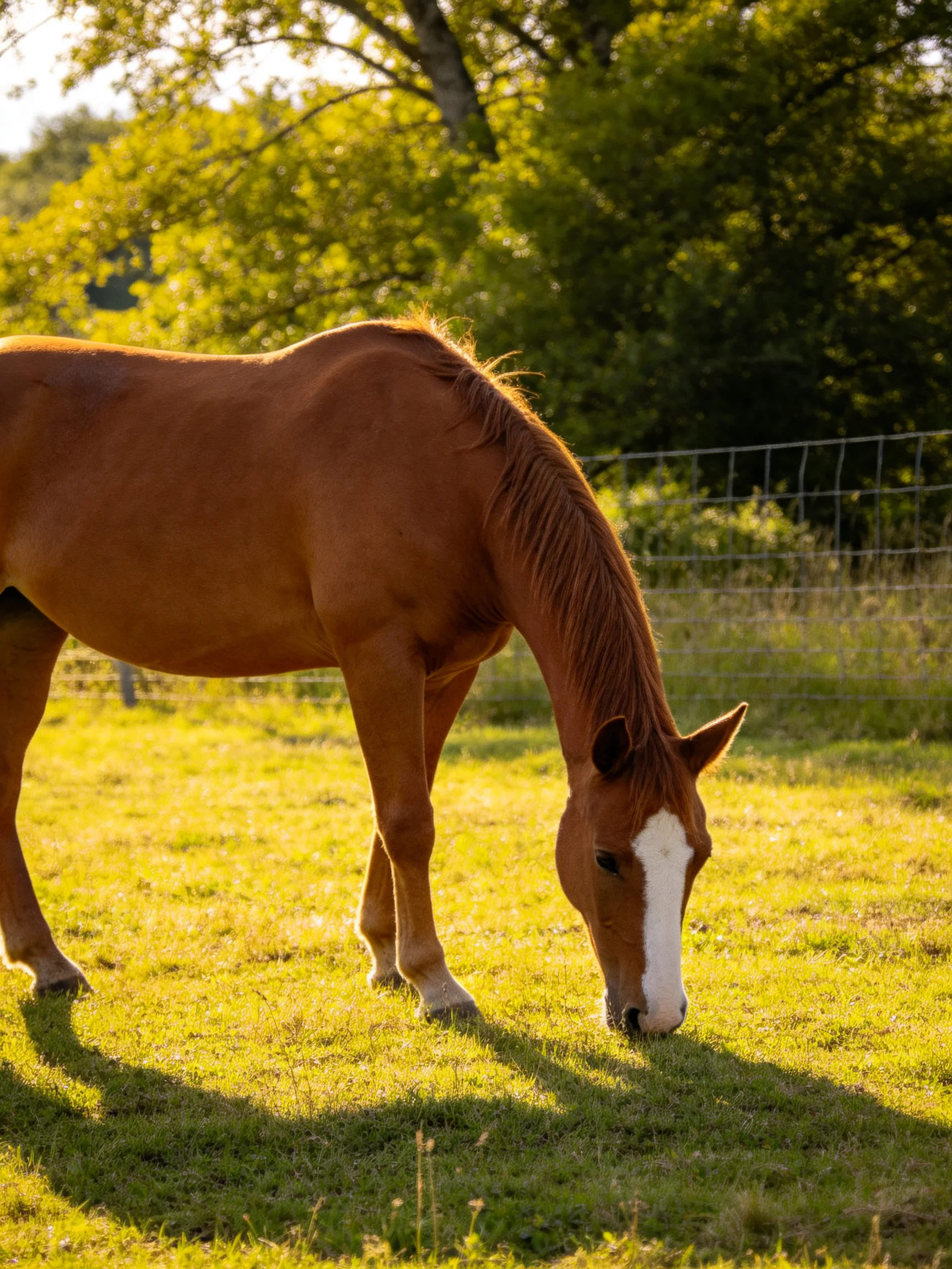 A chestnut horse with a white blaze grazes in a sunlit pasture