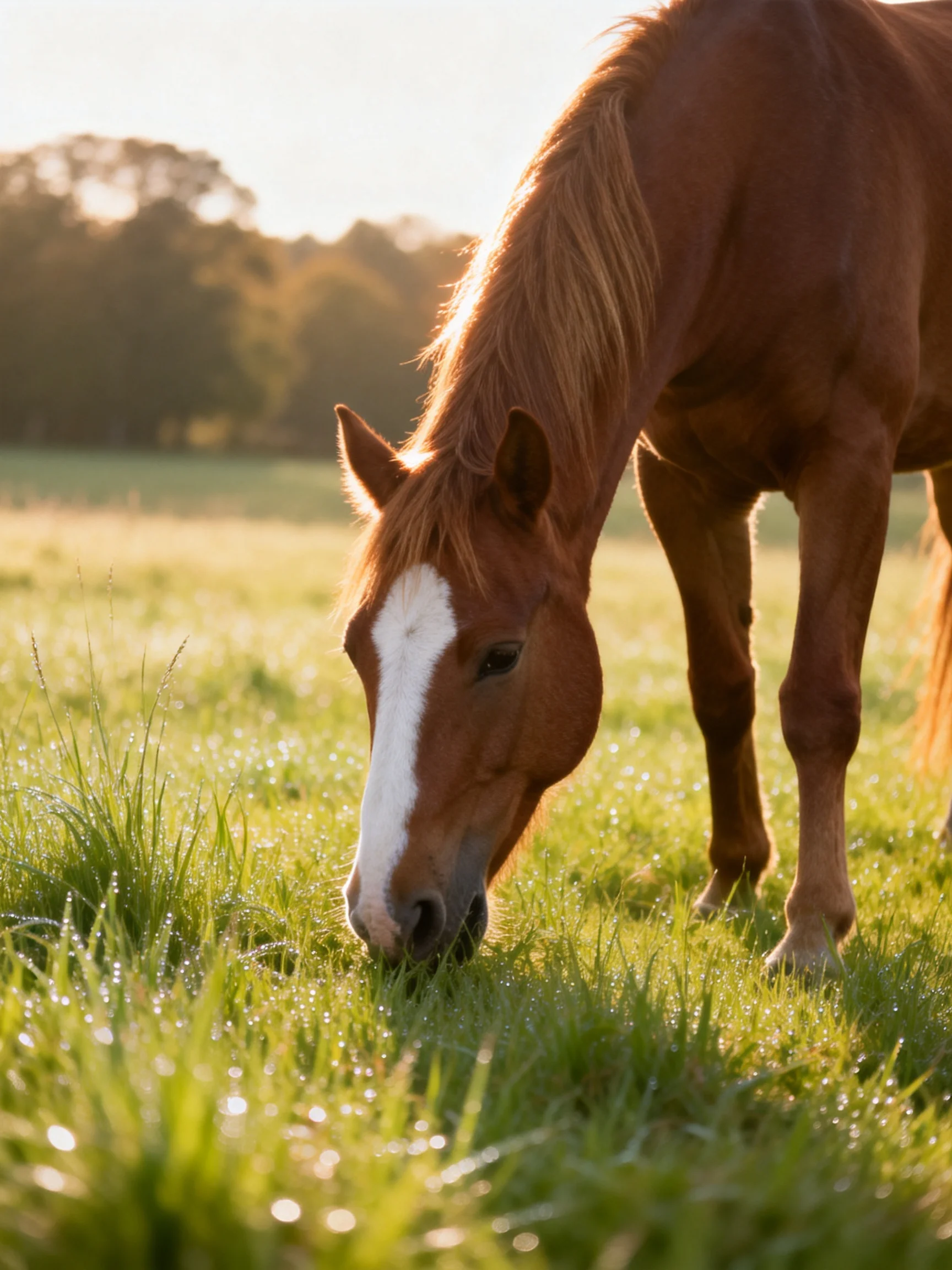 A chestnut horse with a white blaze grazes in dewy green pasture
