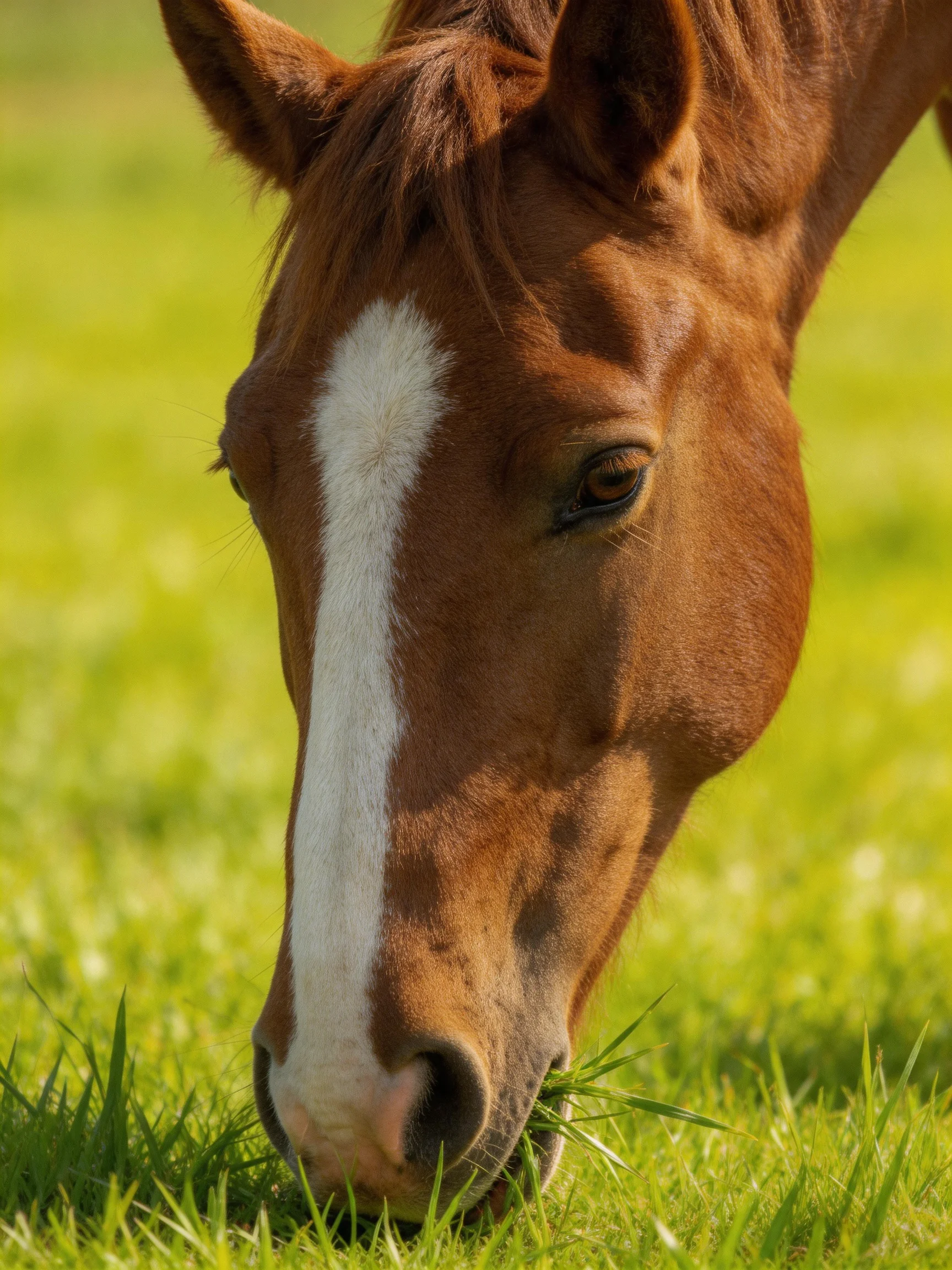 A chestnut horse with a white blaze grazes in lush green pasture