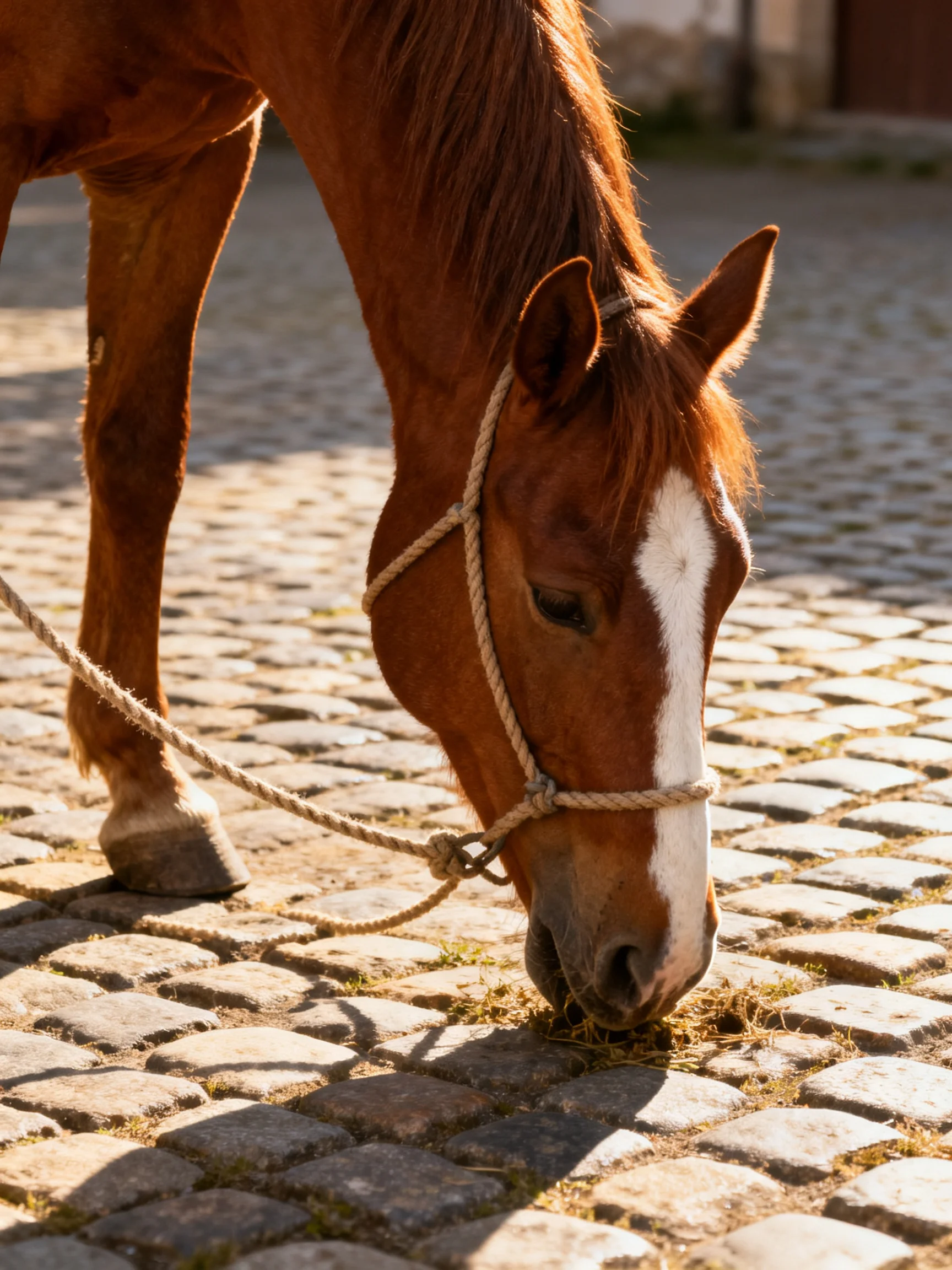 A chestnut horse with a white blaze grazes on cobblestones