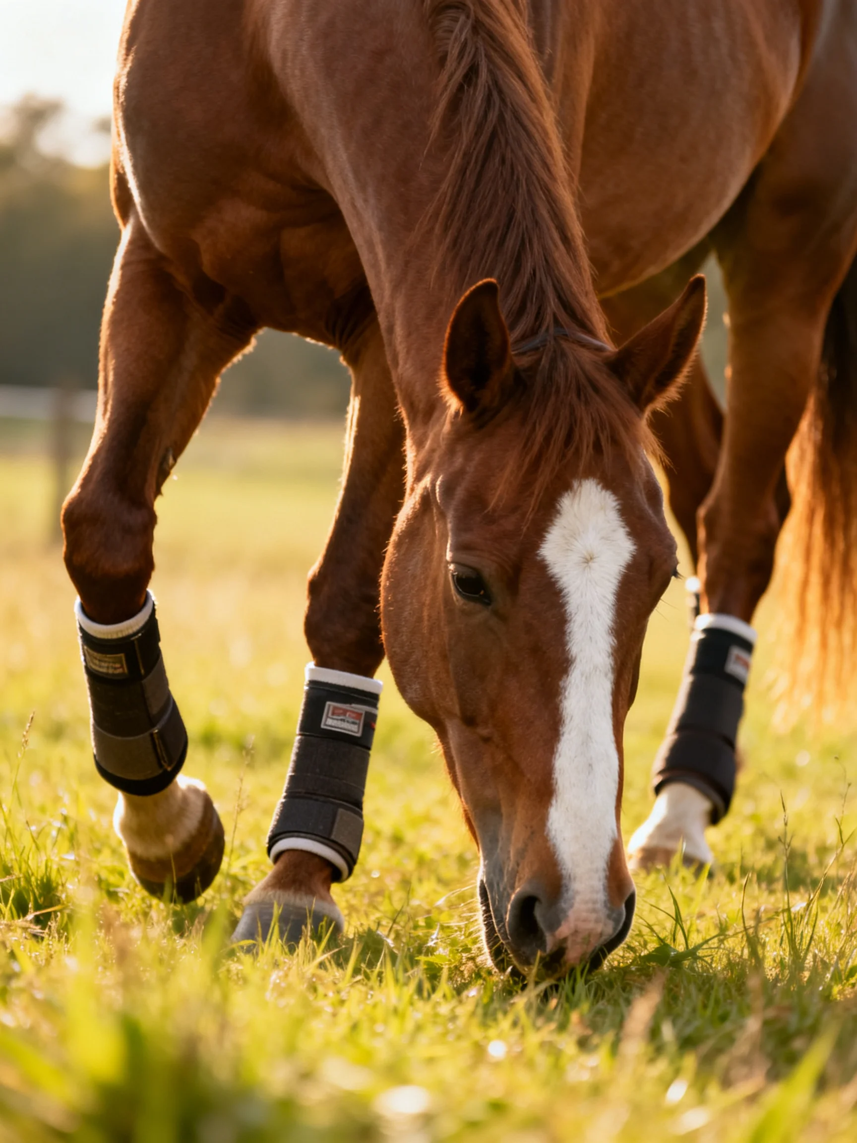 A chestnut horse with a white blaze eats grass in a sunlit field.