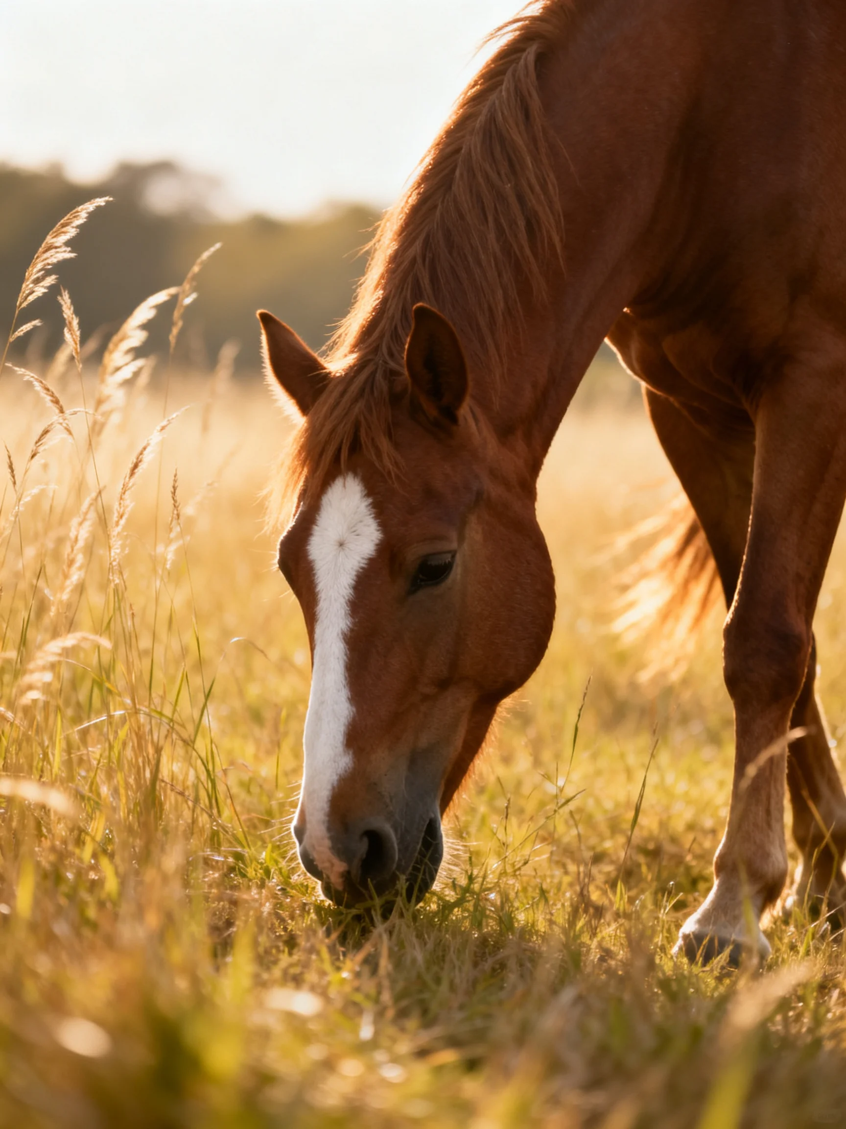 A chestnut horse with a white blaze grazing in golden meadow grass
