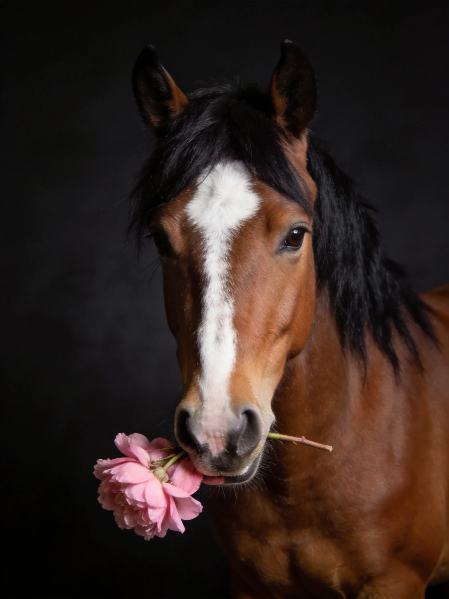 A chestnut horse with a white blaze holds pink flowers in a dark studio setting.
