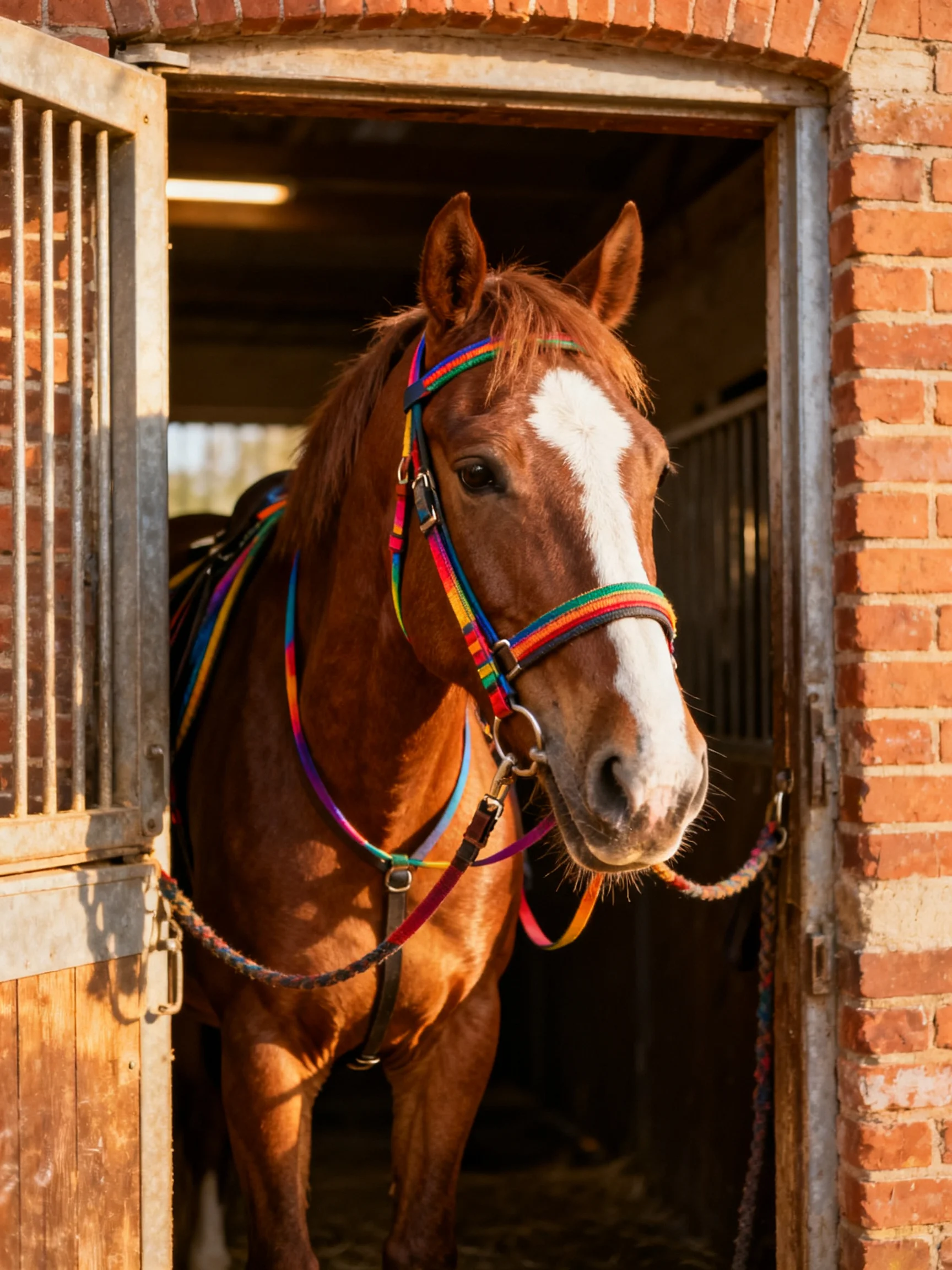 A chestnut horse with a white blaze in a brick stable doorway