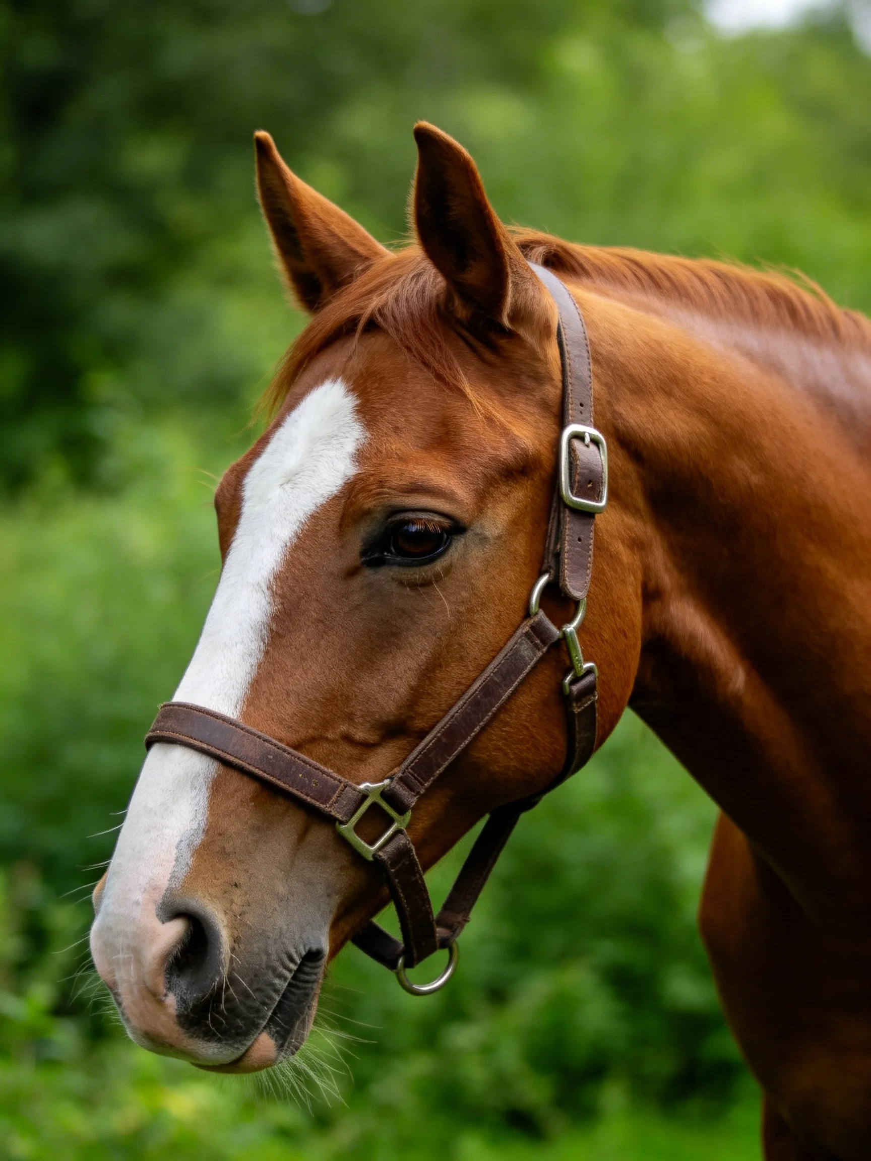 A chestnut horse with a white blaze stands calmly amid lush greenery.