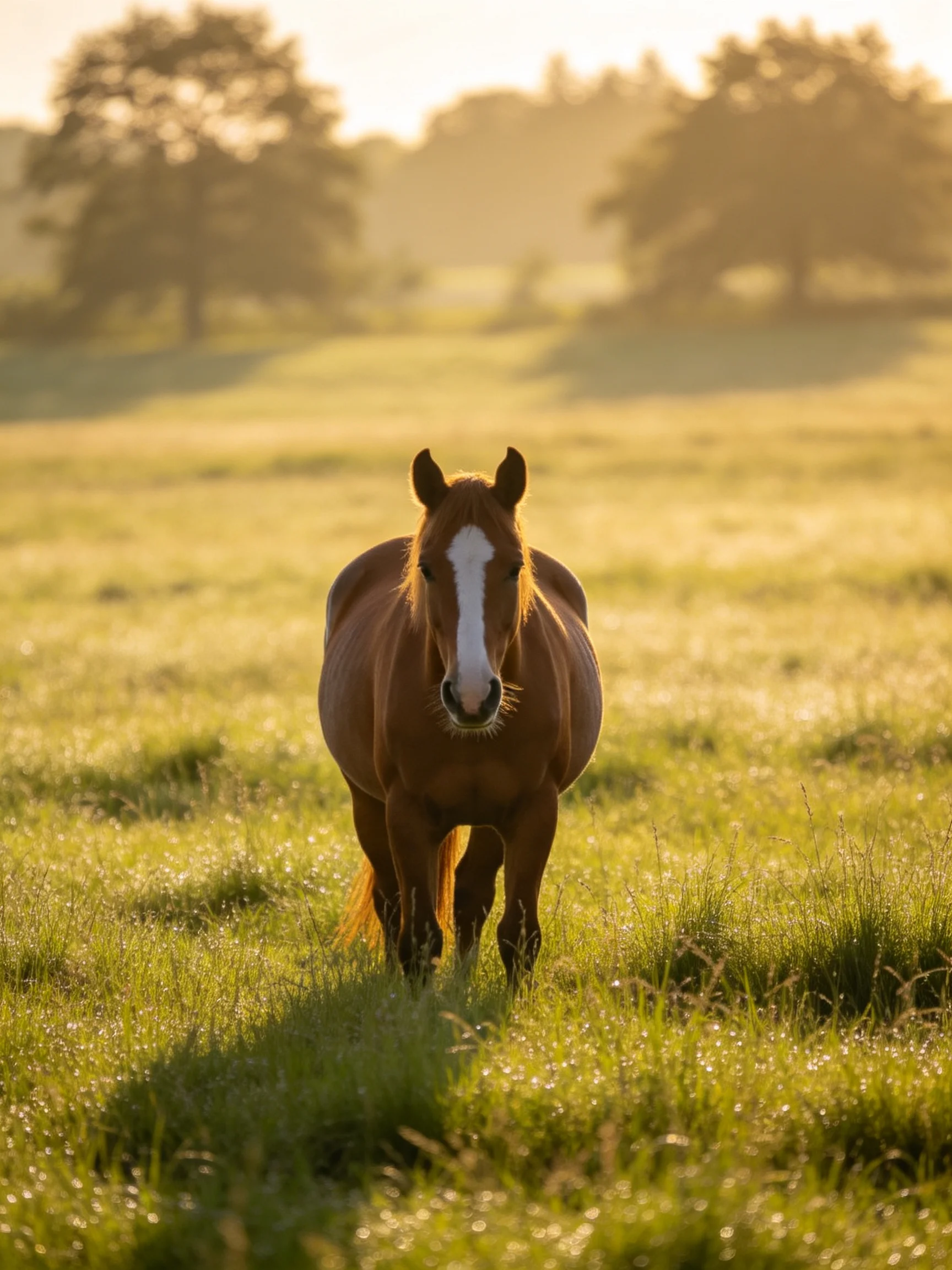A chestnut horse with a white blaze stands in a sunlit meadow.