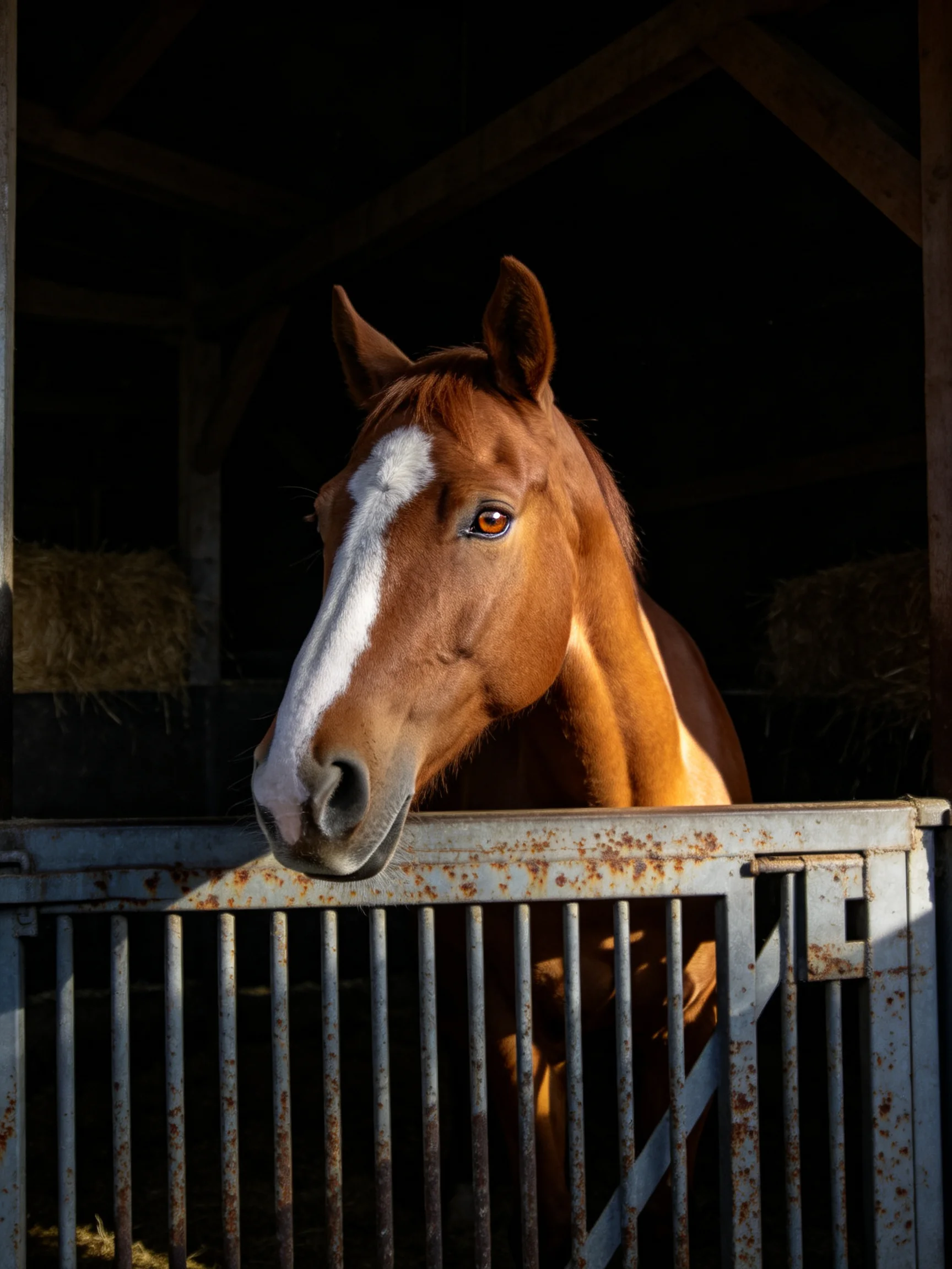 A chestnut horse with a white blaze in a dimly lit stable