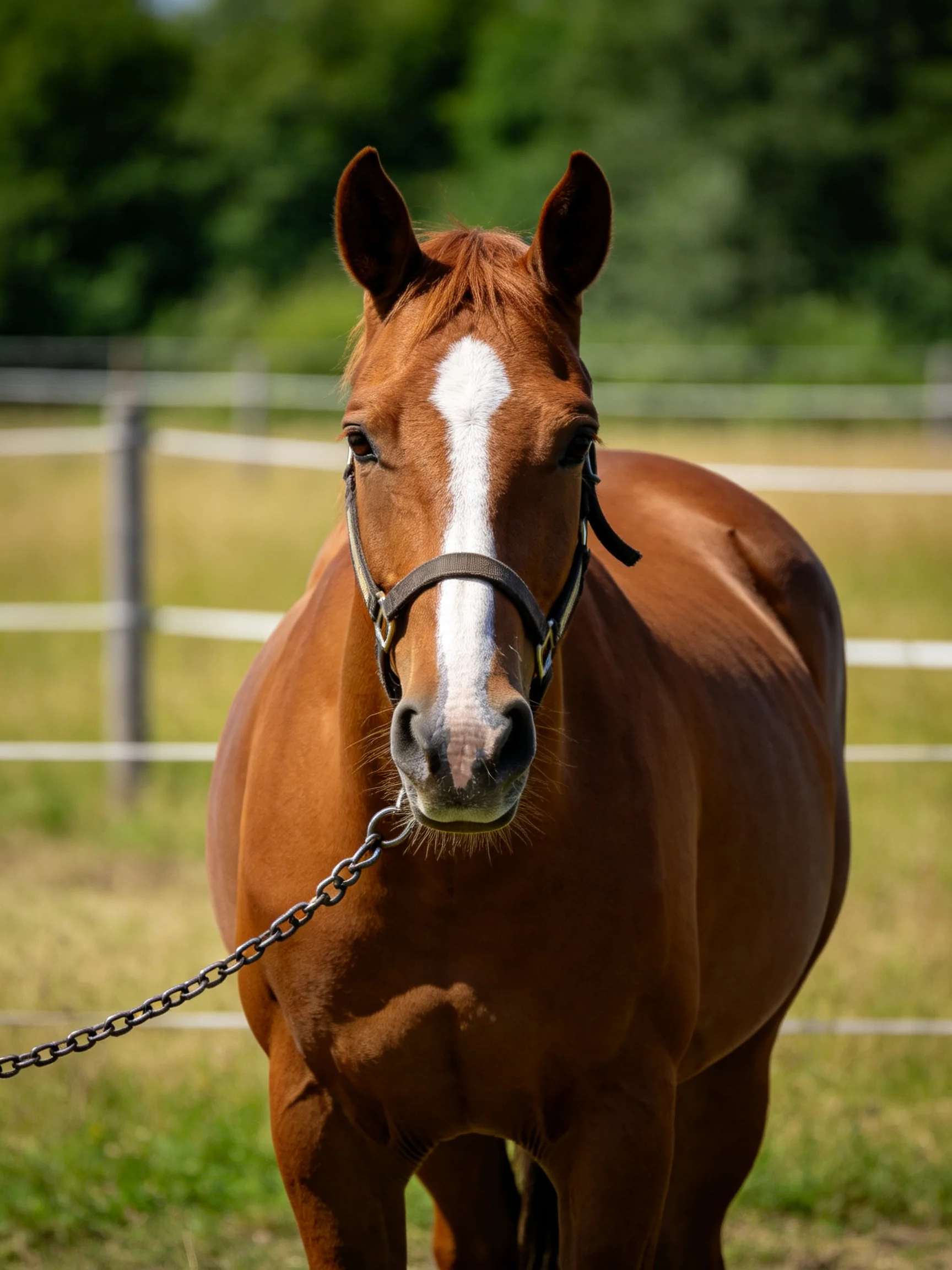 A chestnut horse with a white blaze stands in a fenced pasture.