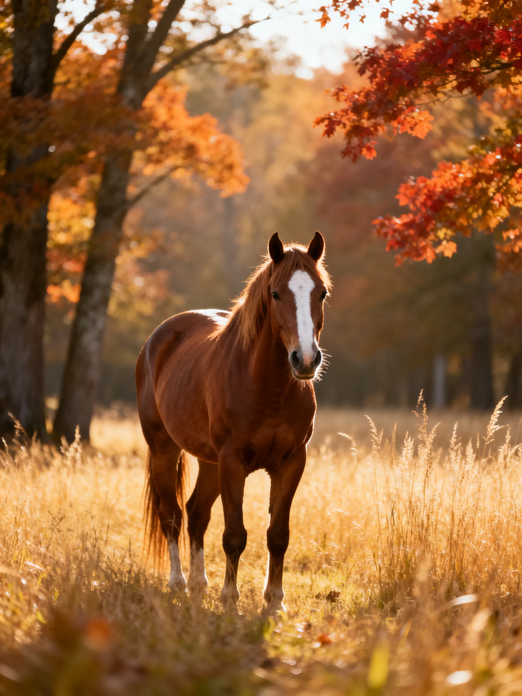 A chestnut horse with a white blaze in a golden autumn meadow
