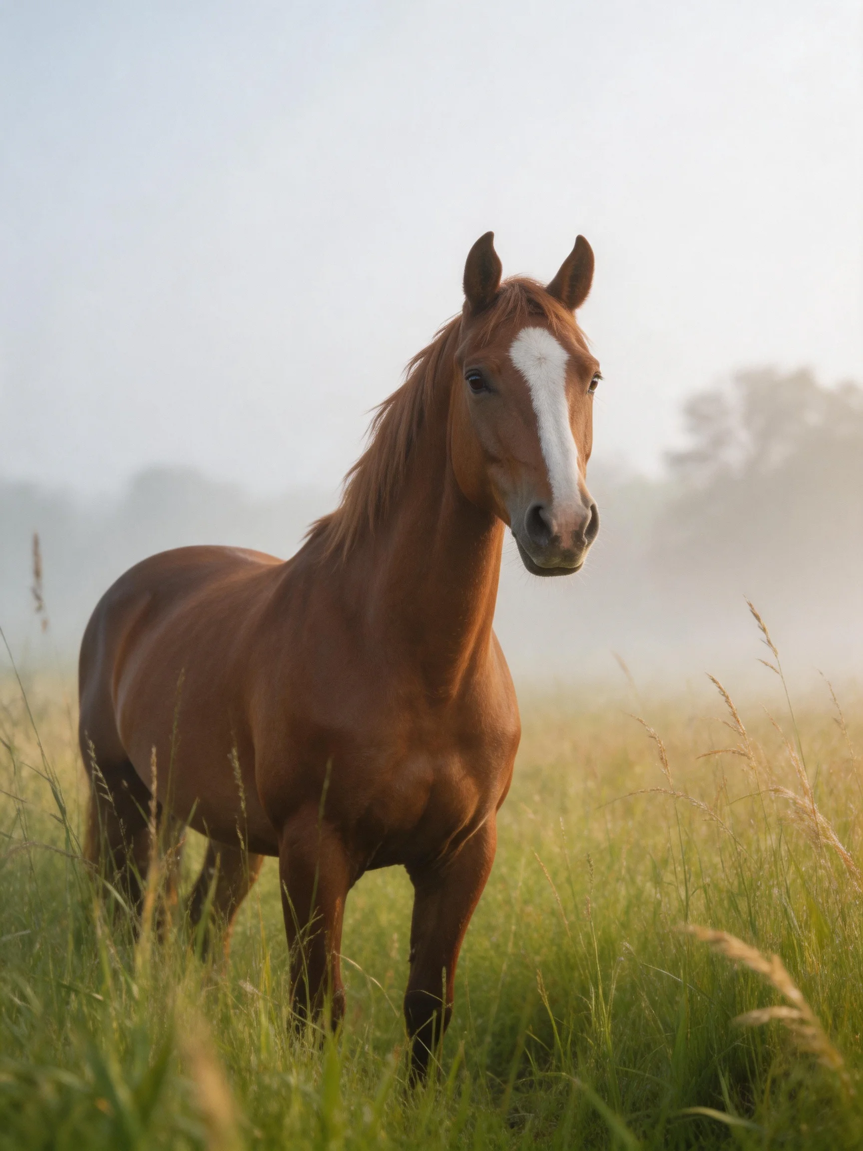 A chestnut horse with a white blaze in a misty meadow