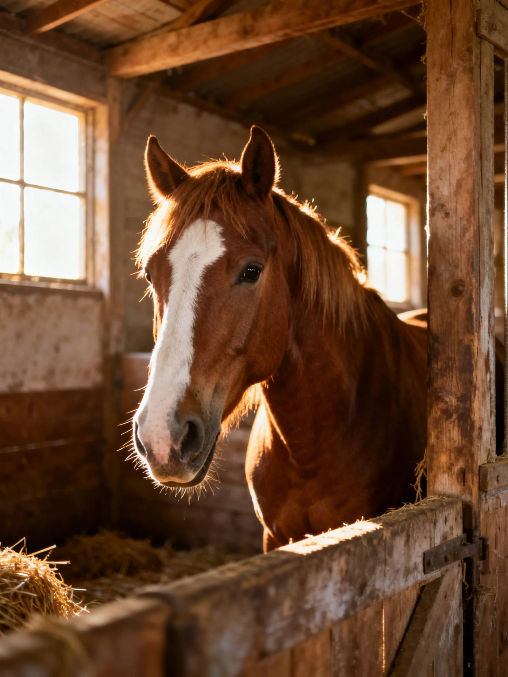 A chestnut horse with a white blaze is in a rustic wooden stable with hay.