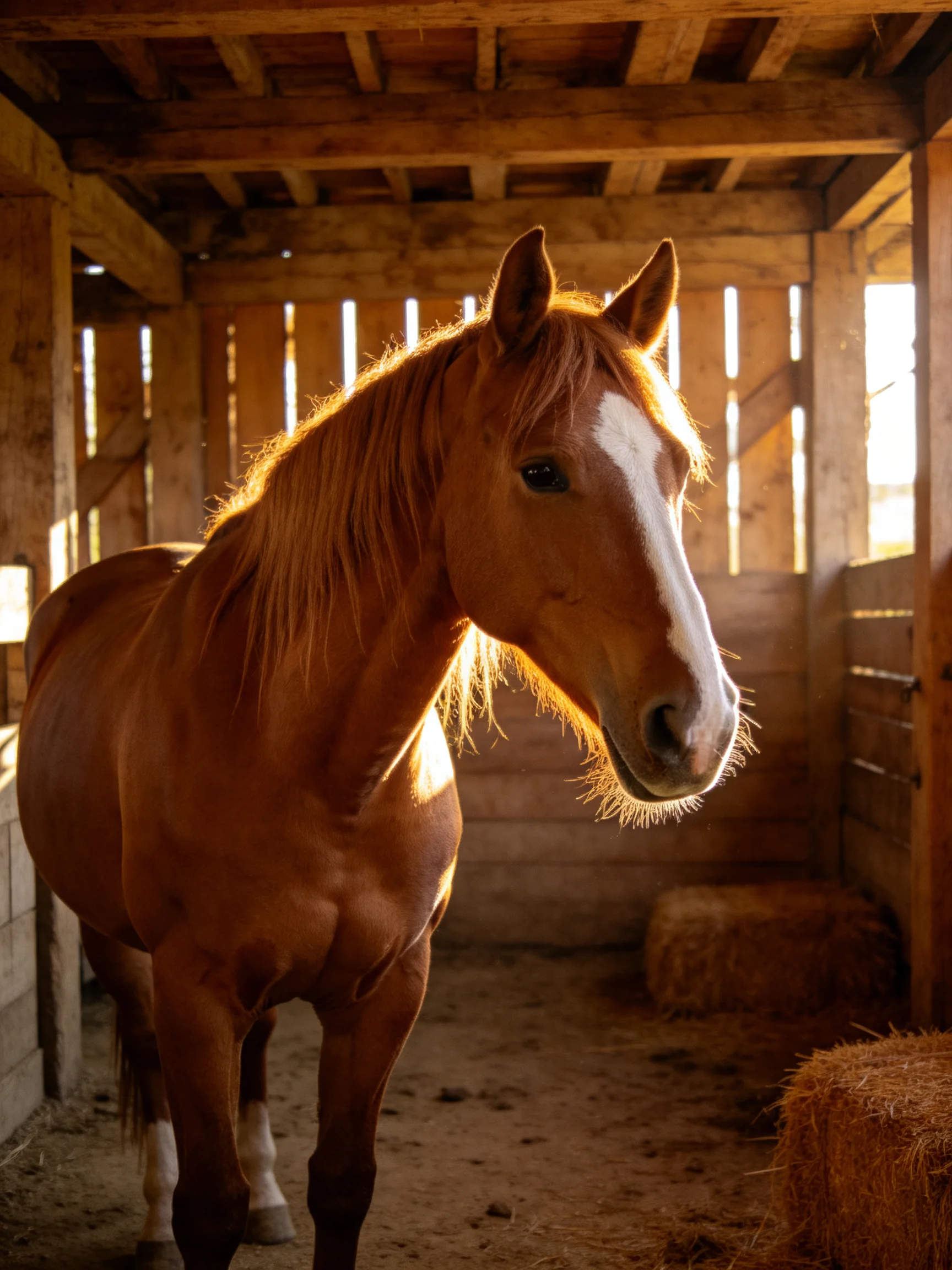A chestnut horse with a white blaze stands in a sunlit wooden stable with hay bales.