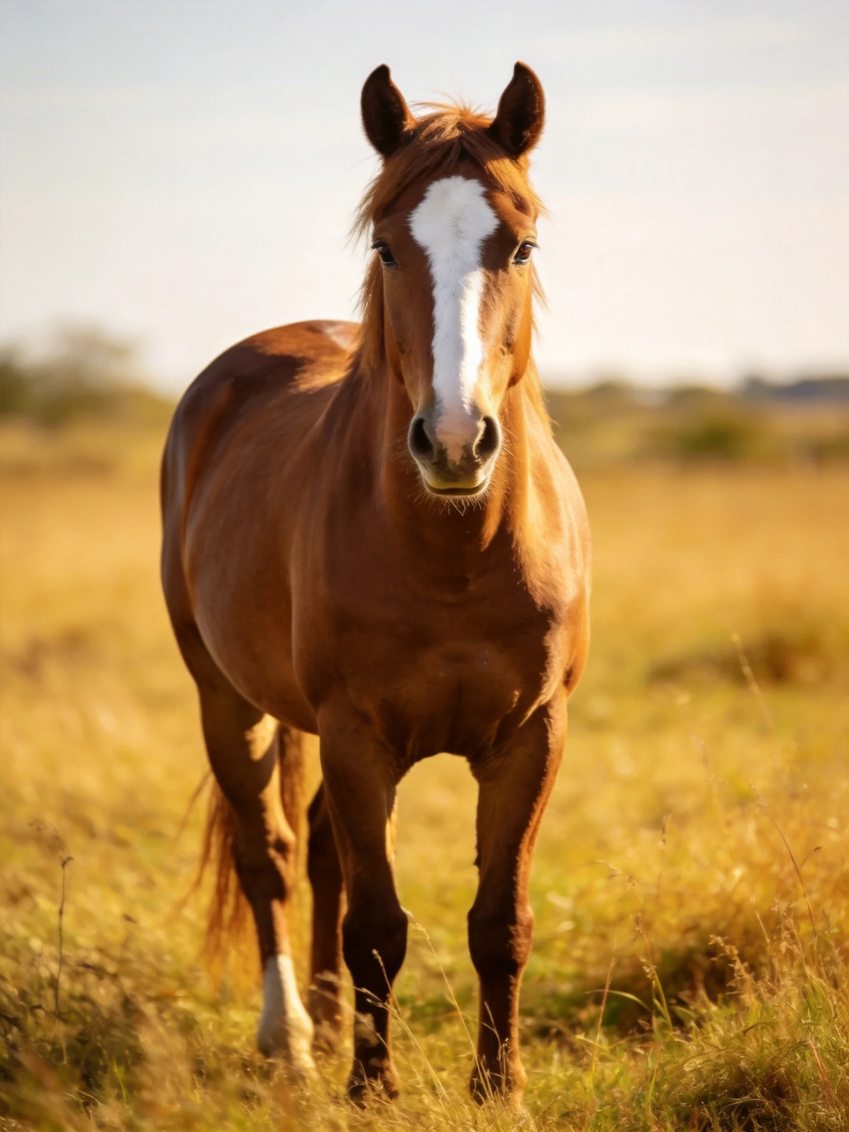 A chestnut horse with a white blaze stands in a sunlit open field.