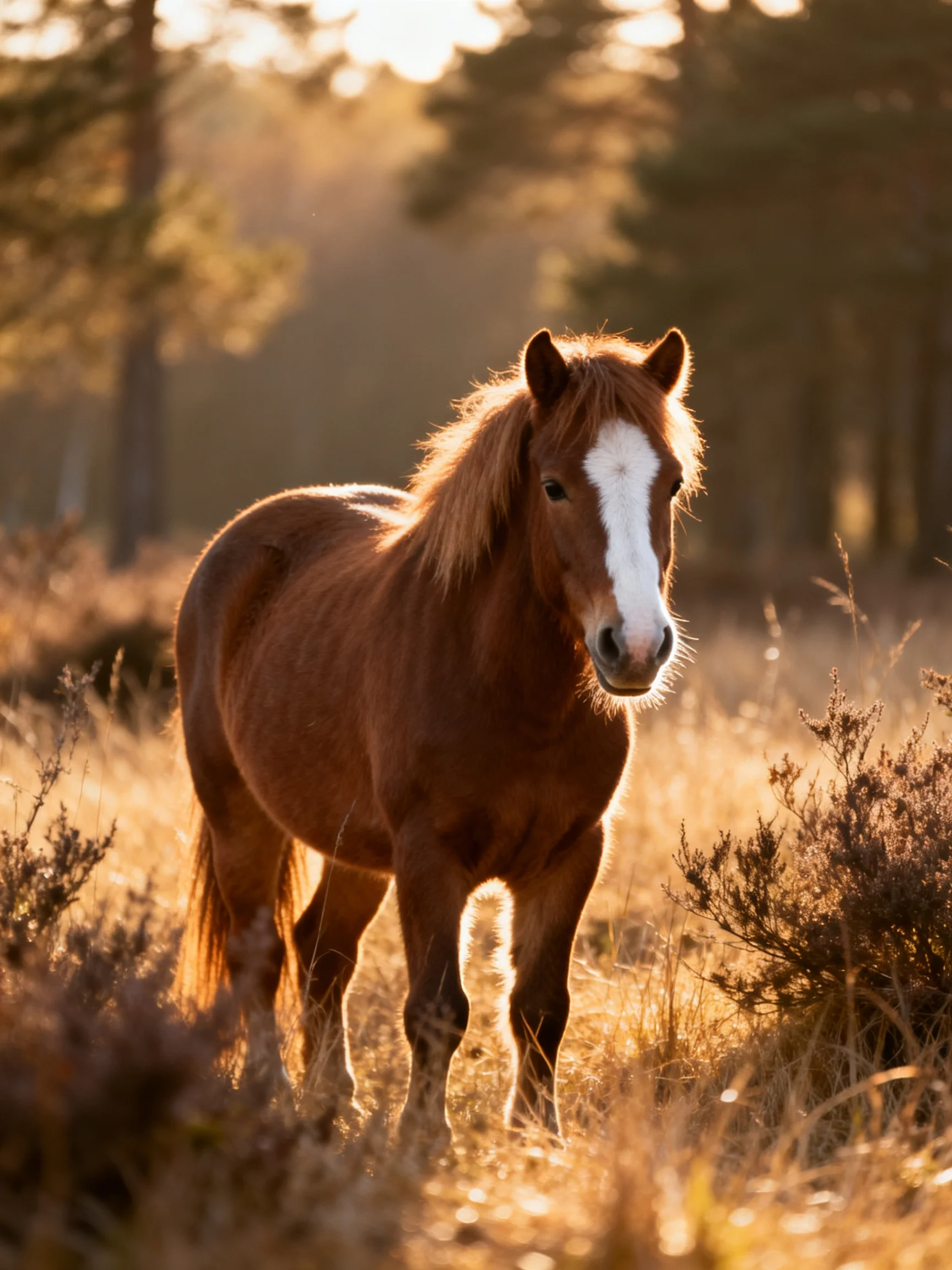 A chestnut horse with a white blaze in a sun-drenched meadow