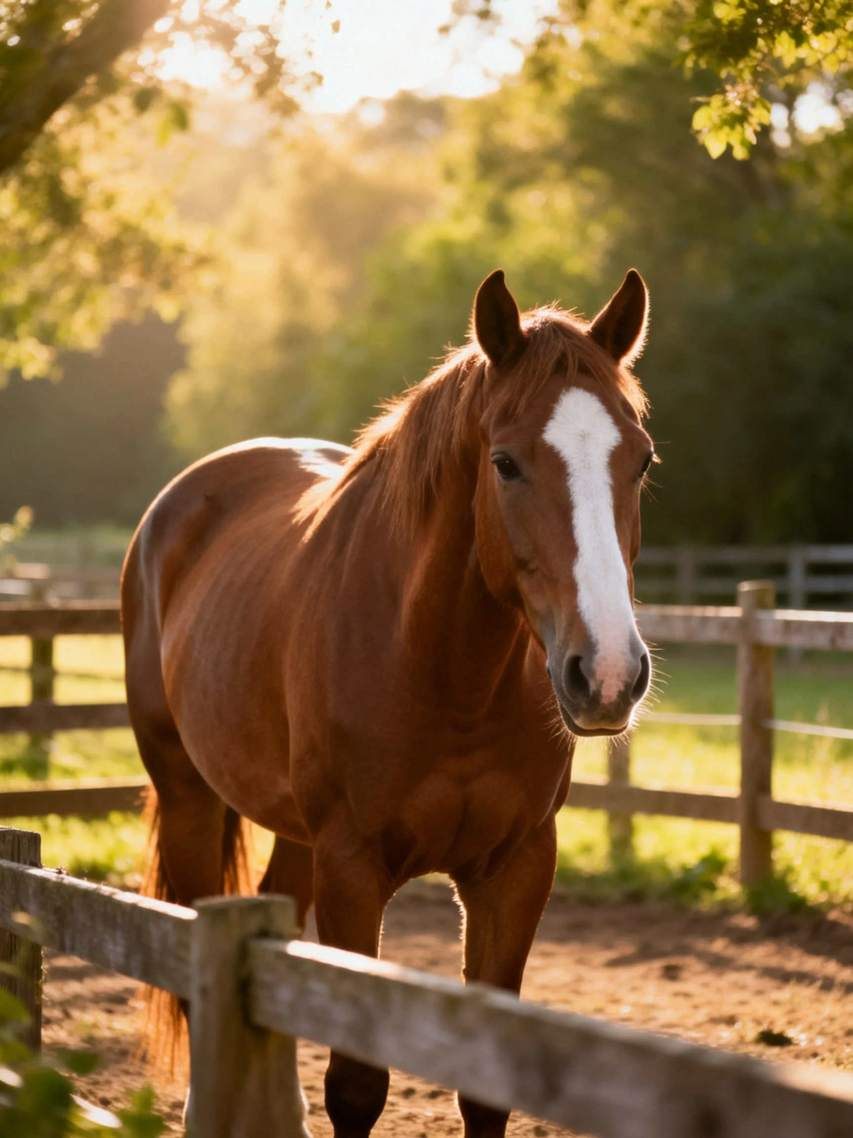 A chestnut horse with a white blaze in a sunlit fenced paddock