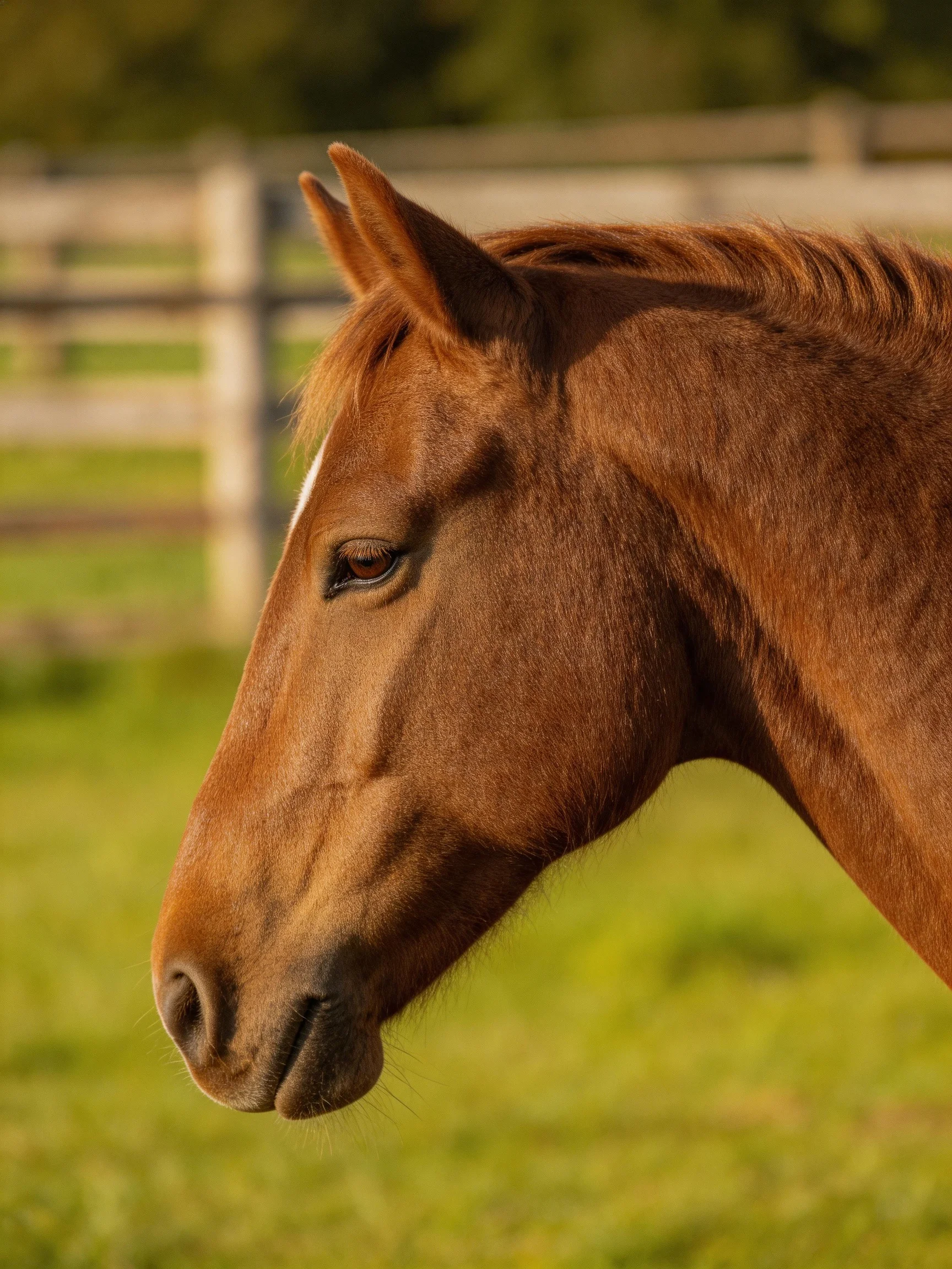 A chestnut horse with a white blaze in a sunlit fenced pasture