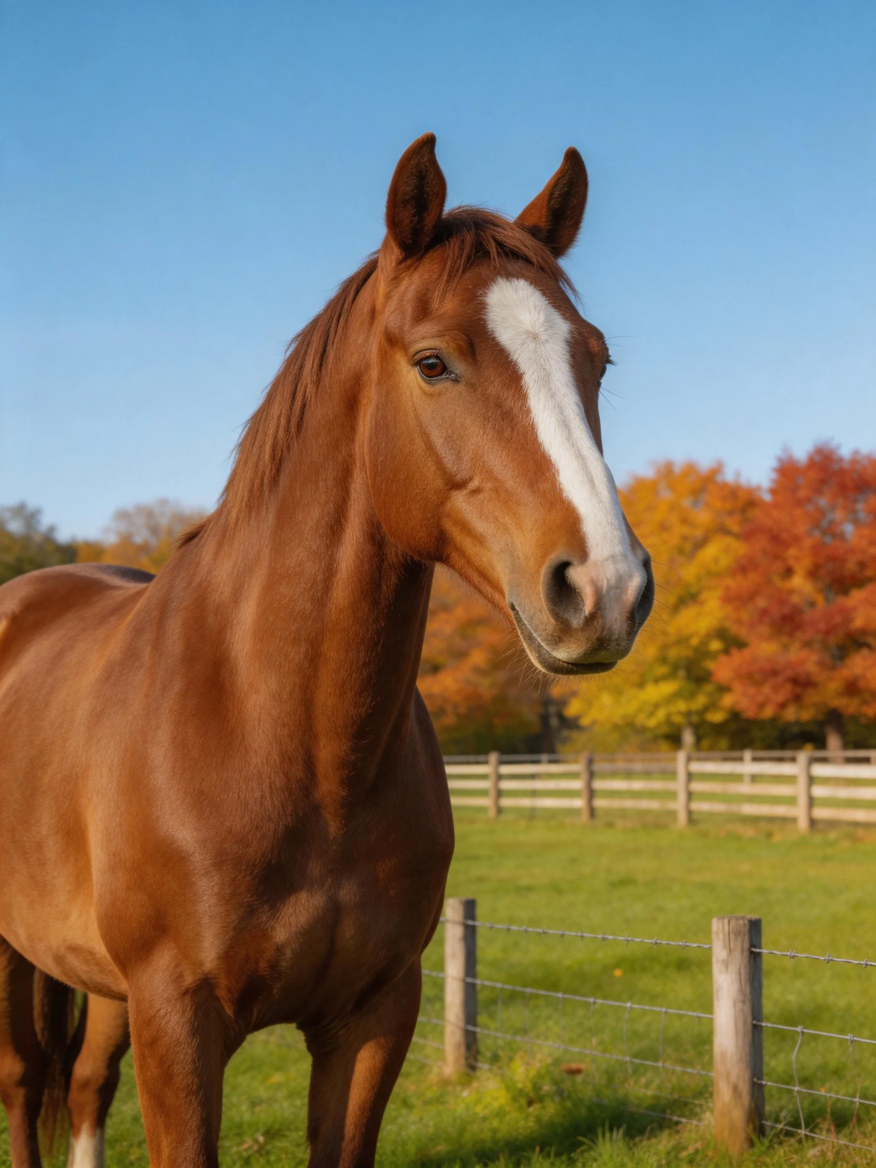 A chestnut horse with a white blaze in a sunlit fenced pasture with autumn foliage