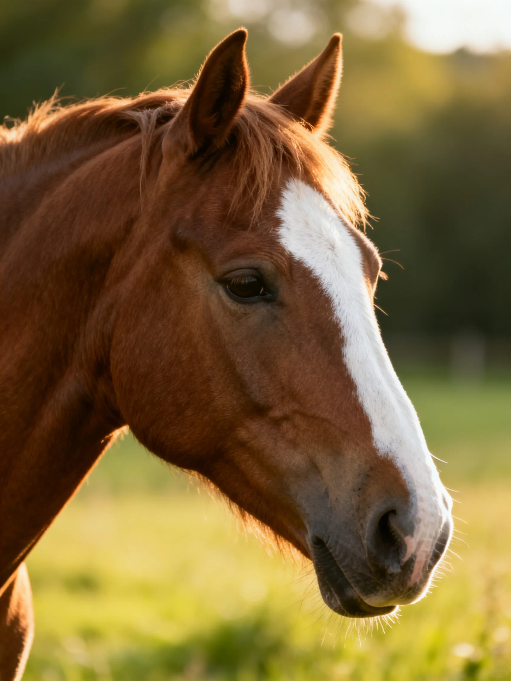 A chestnut horse with a white blaze in a sunlit field