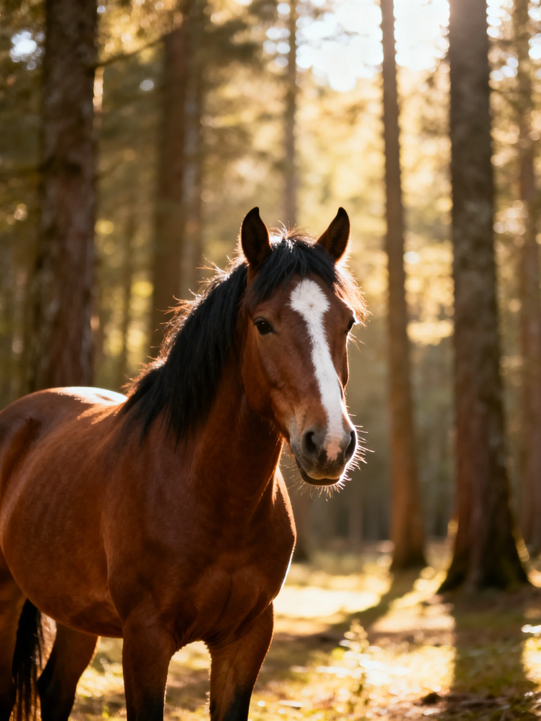 A chestnut horse with a white blaze in a sunlit forest