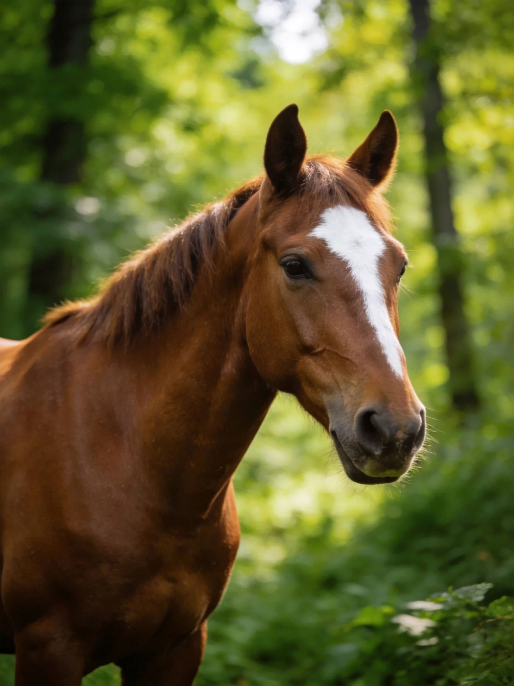 A chestnut horse with a white blaze stands in a sunlit forest.