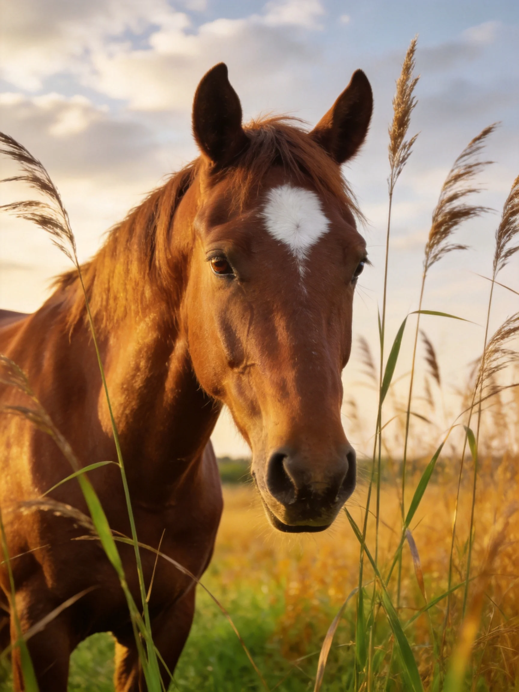 A chestnut horse with a white blaze in a sunlit grassy field