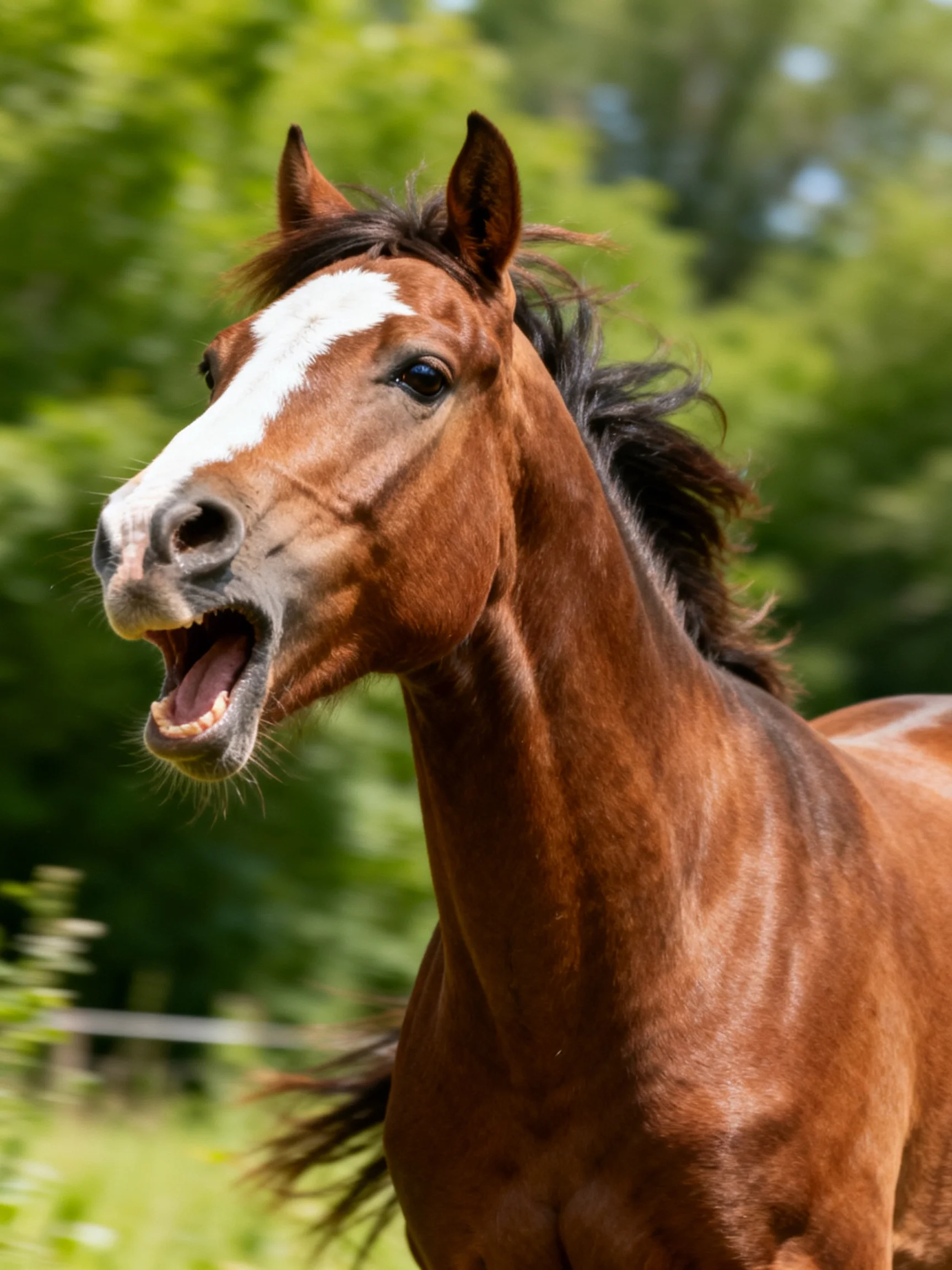 A chestnut horse with a white blaze shows an animated expression in a sunny outdoor setting.