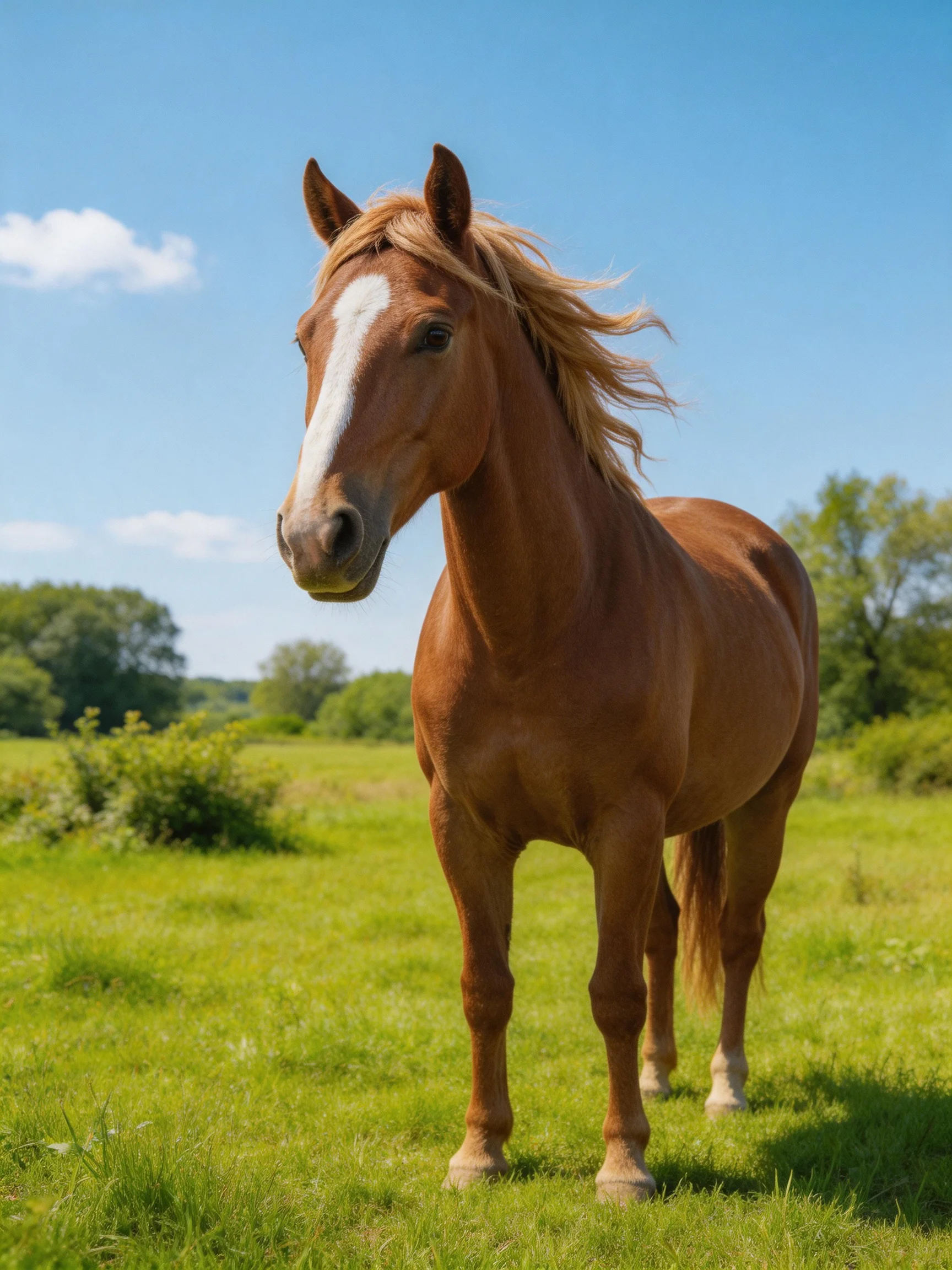 A chestnut horse with a white blaze in a sunlit green meadow