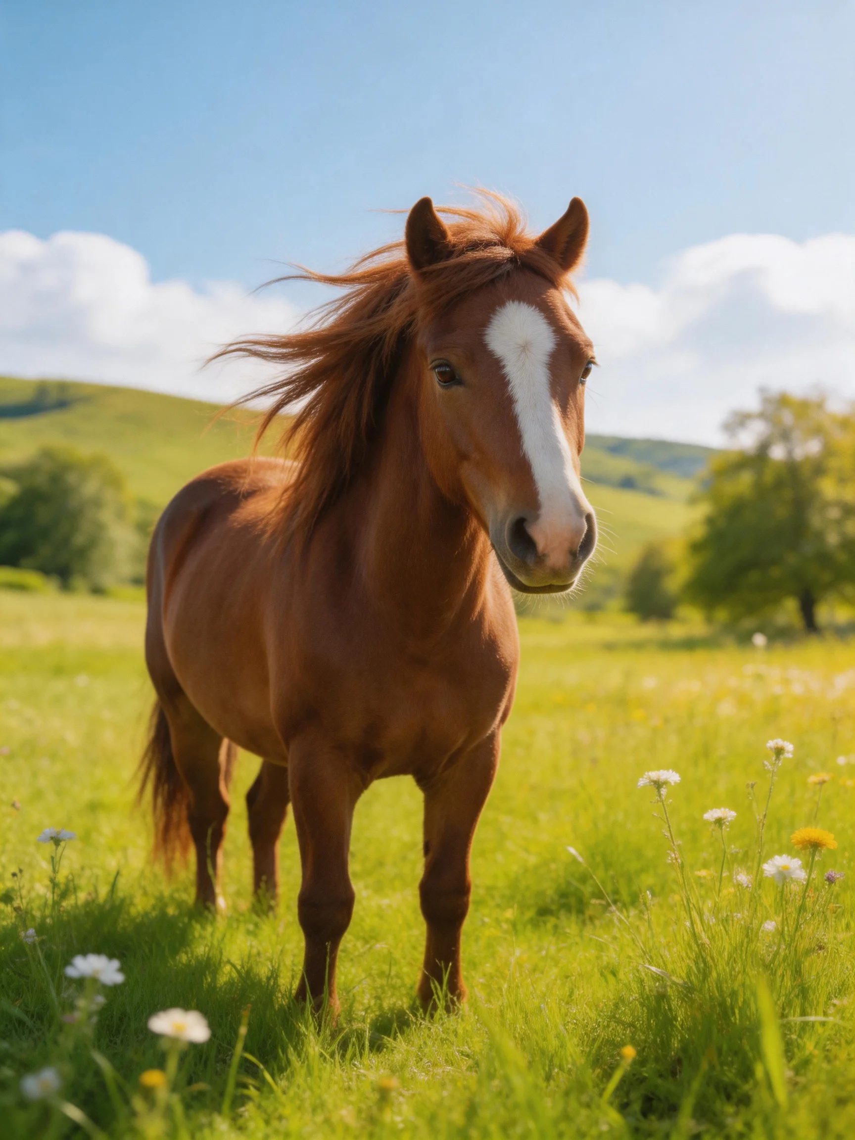 A chestnut horse with a white blaze in a sunlit green meadow