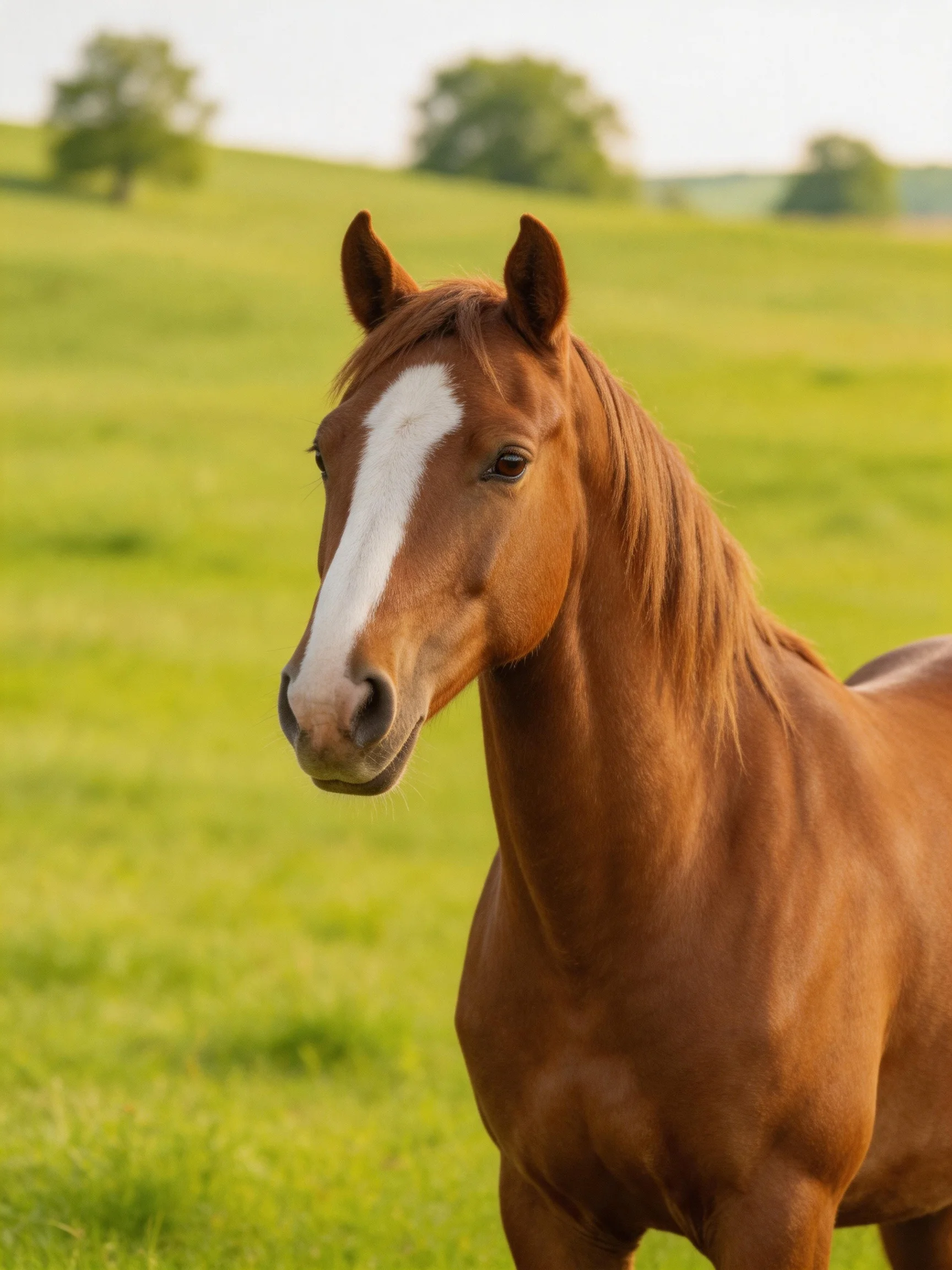 A chestnut horse with a white blaze stands in a sunlit green meadow.