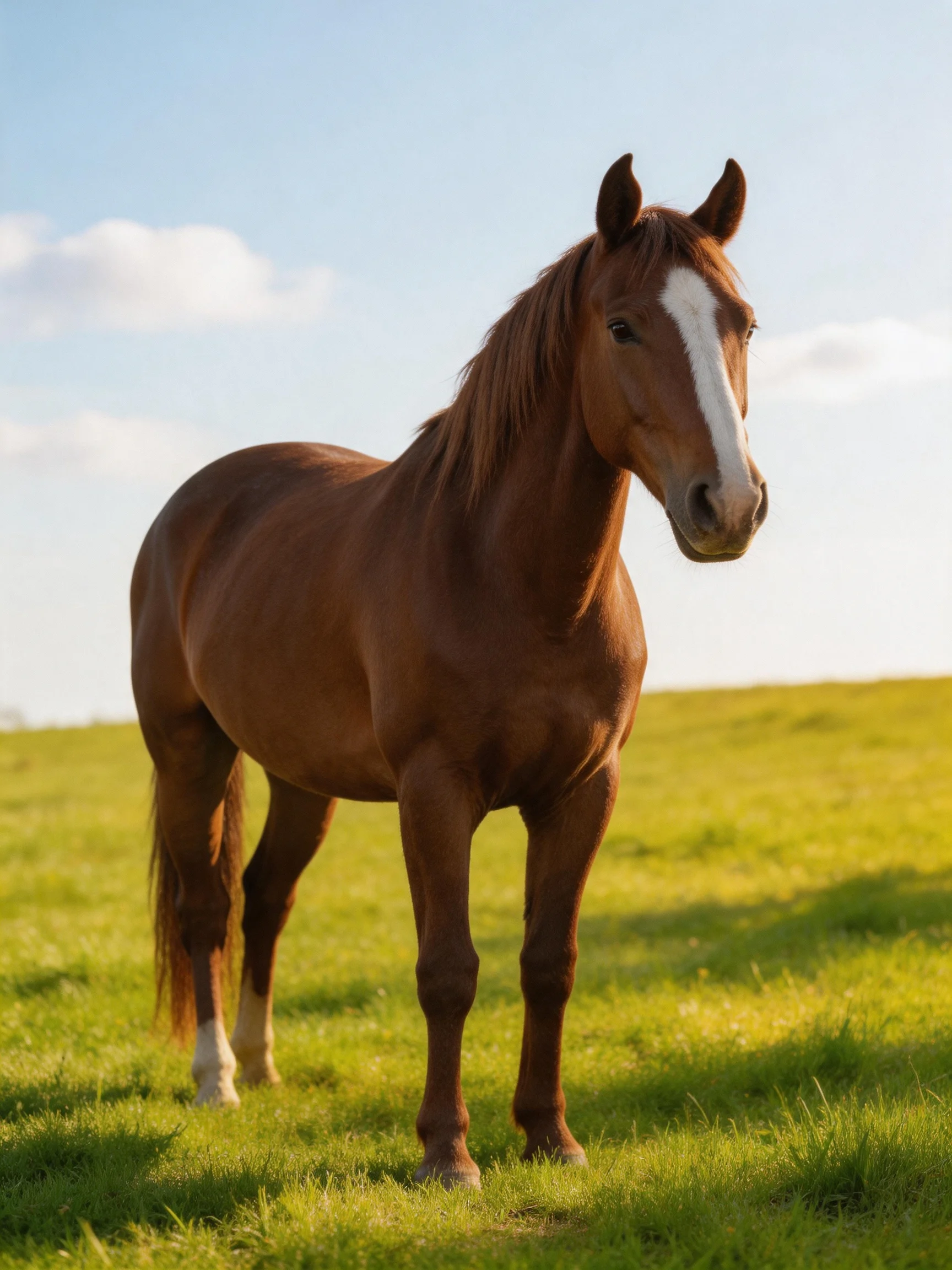 A chestnut horse with a white blaze in a sunlit green meadow