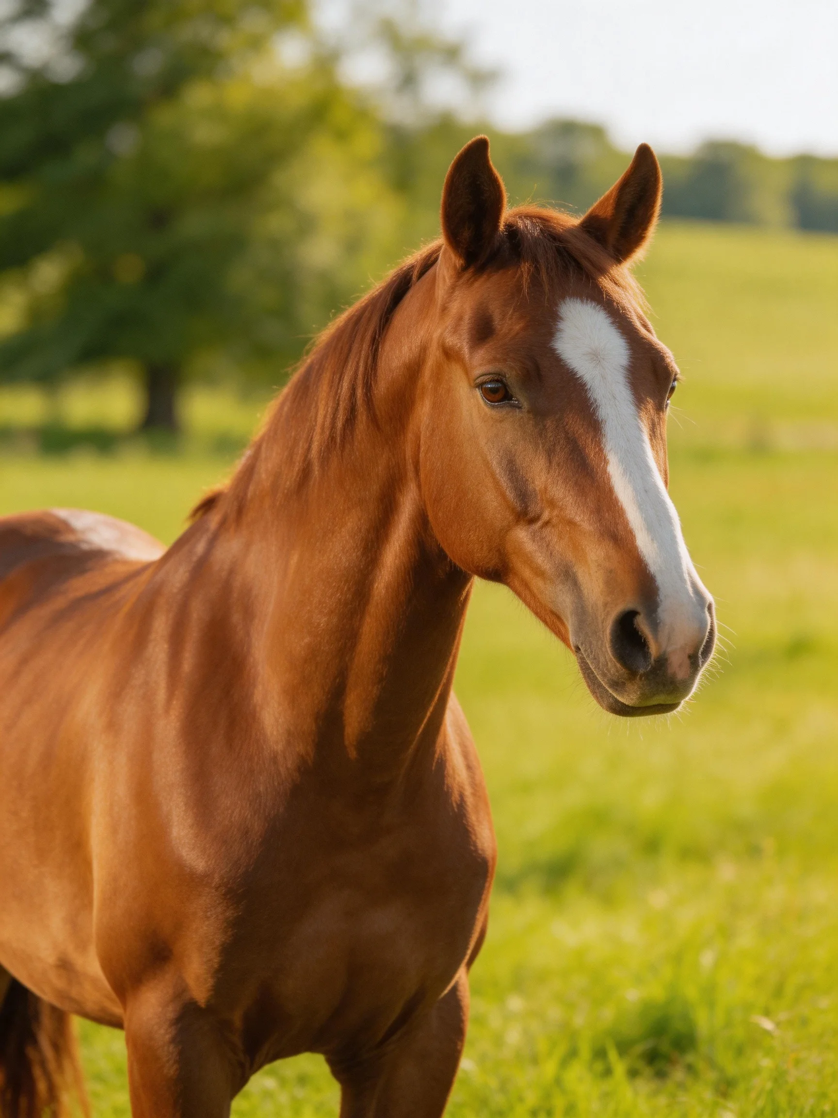 A chestnut horse with a white blaze in a sunlit green pasture