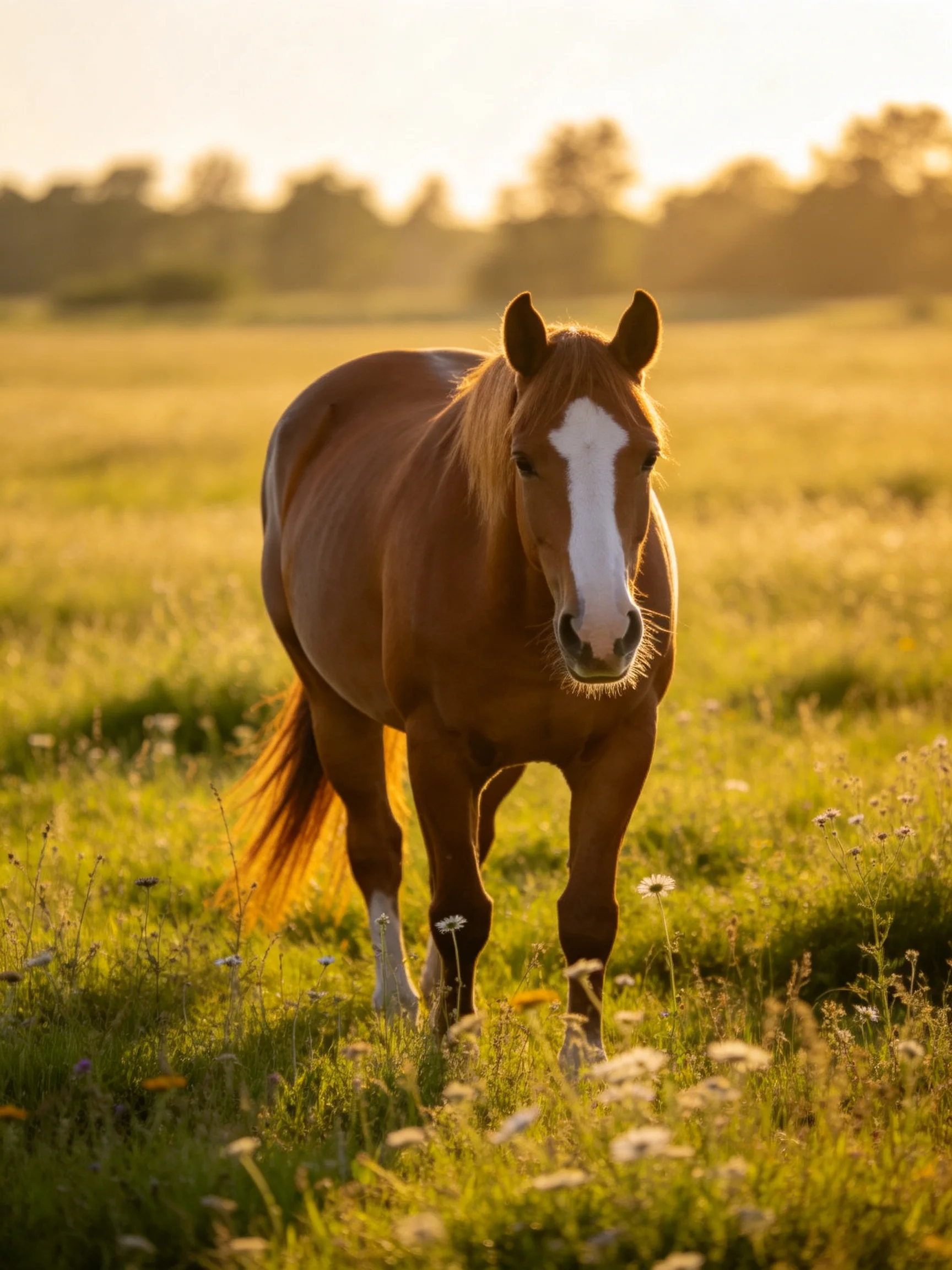 A chestnut horse with a white blaze stands in a sunlit meadow.