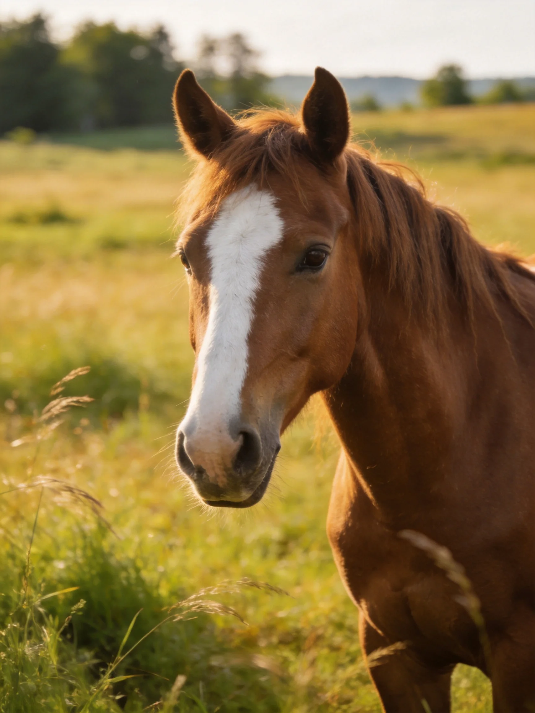 A chestnut horse with a white blaze in a sunlit meadow