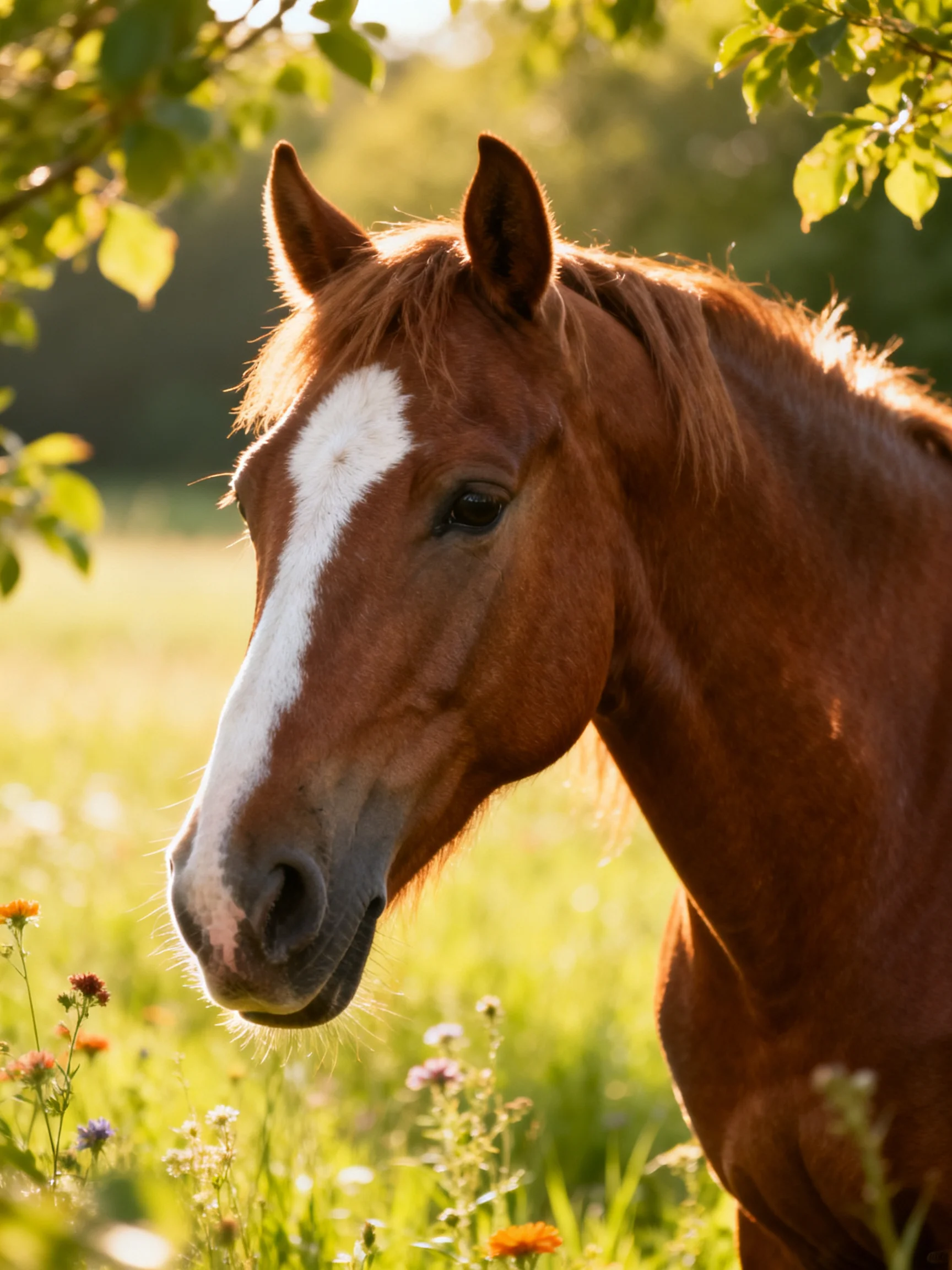 A chestnut horse with a white blaze in a sunlit meadow