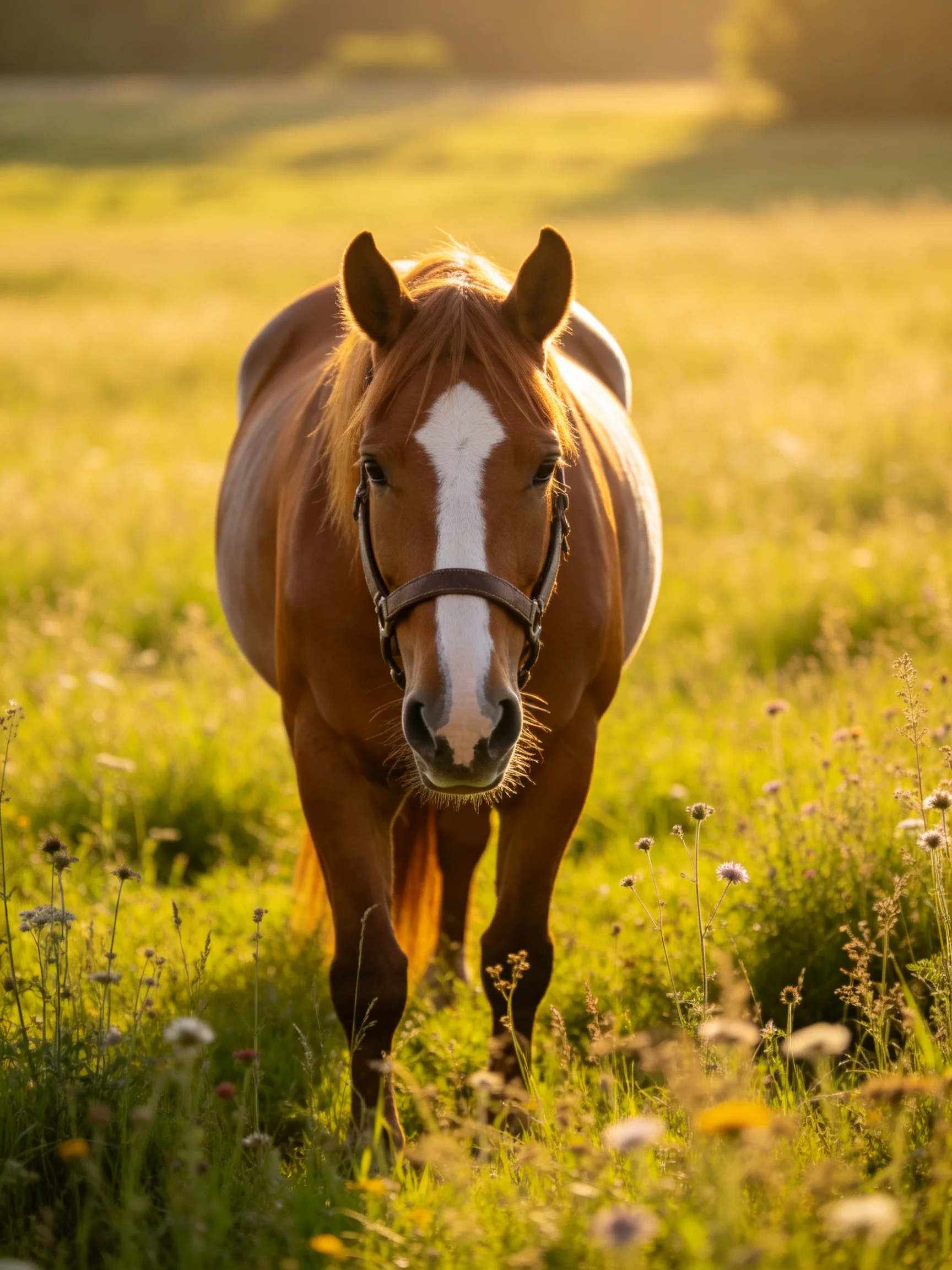 A chestnut horse with a white blaze in a sunlit meadow