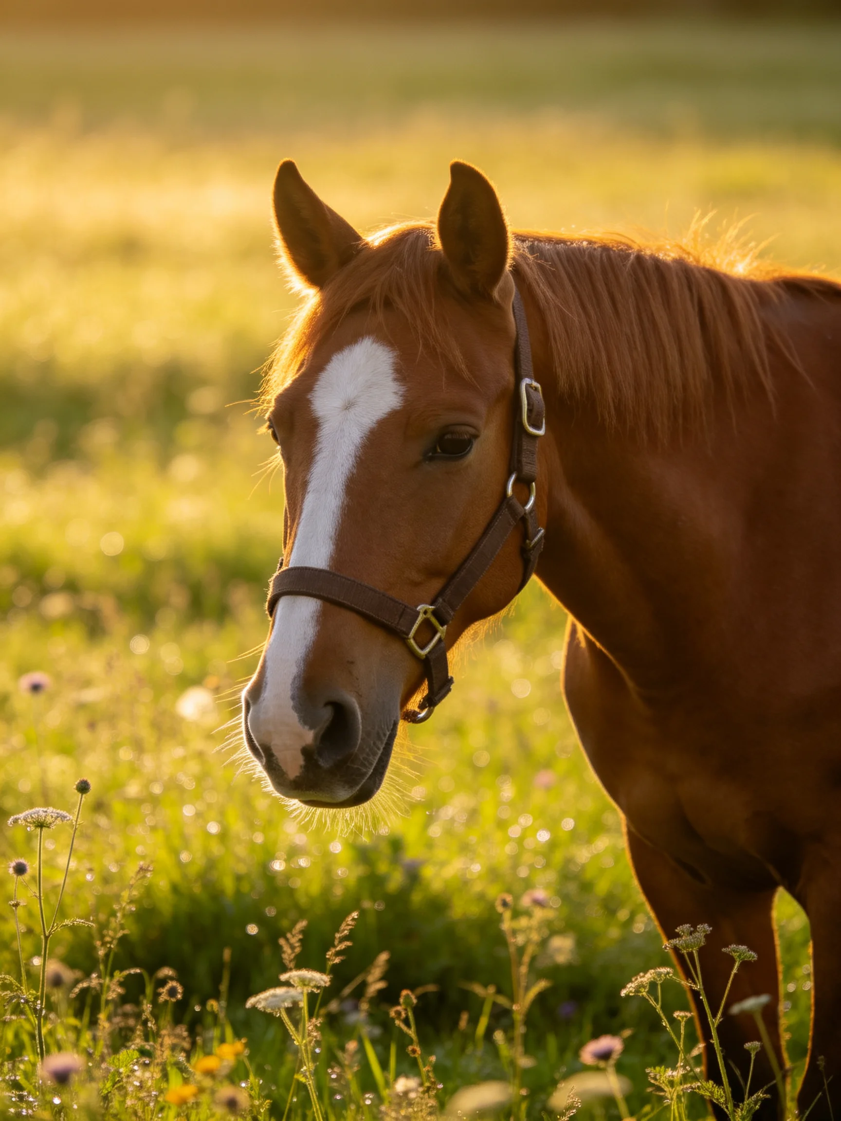 A chestnut horse with a white blaze stands in a sunlit meadow.