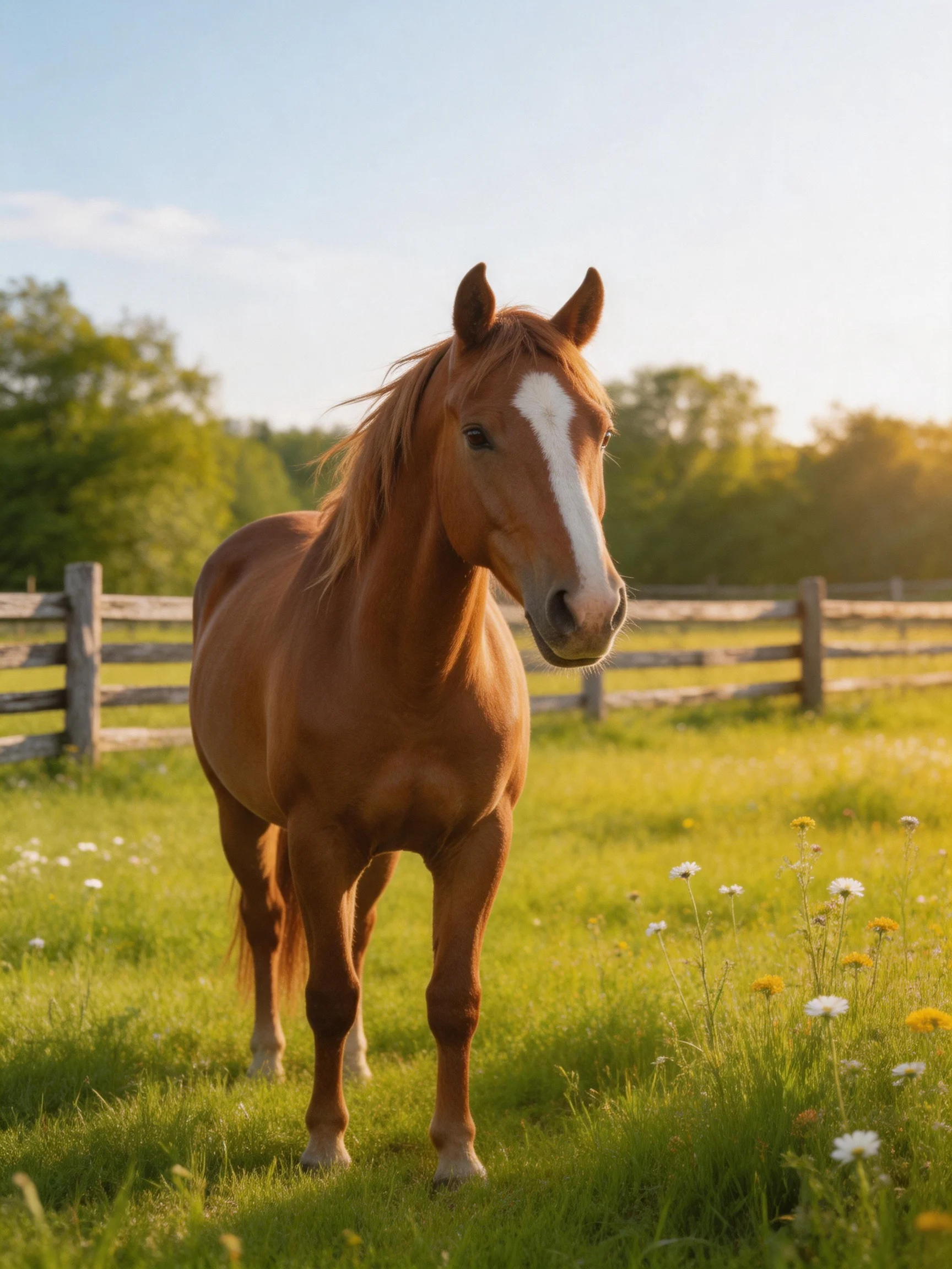 A chestnut horse with a white blaze in a sunlit meadow