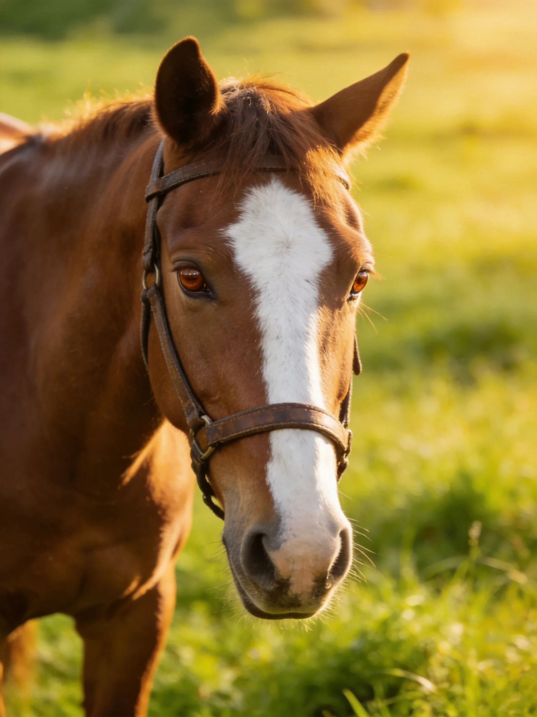 A chestnut horse with a white blaze in a sunlit meadow
