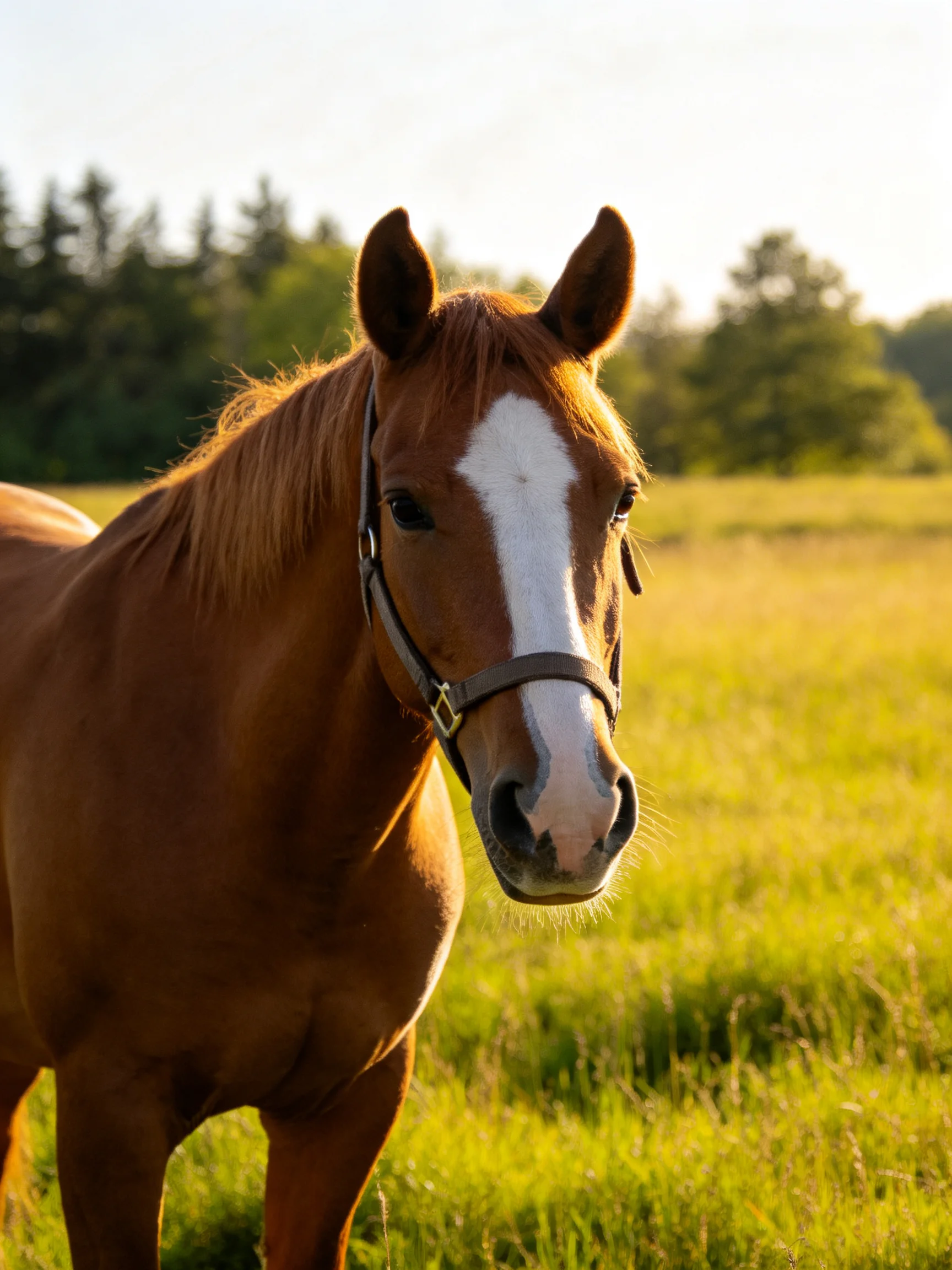 A chestnut horse with a white blaze stands in a sunlit meadow.