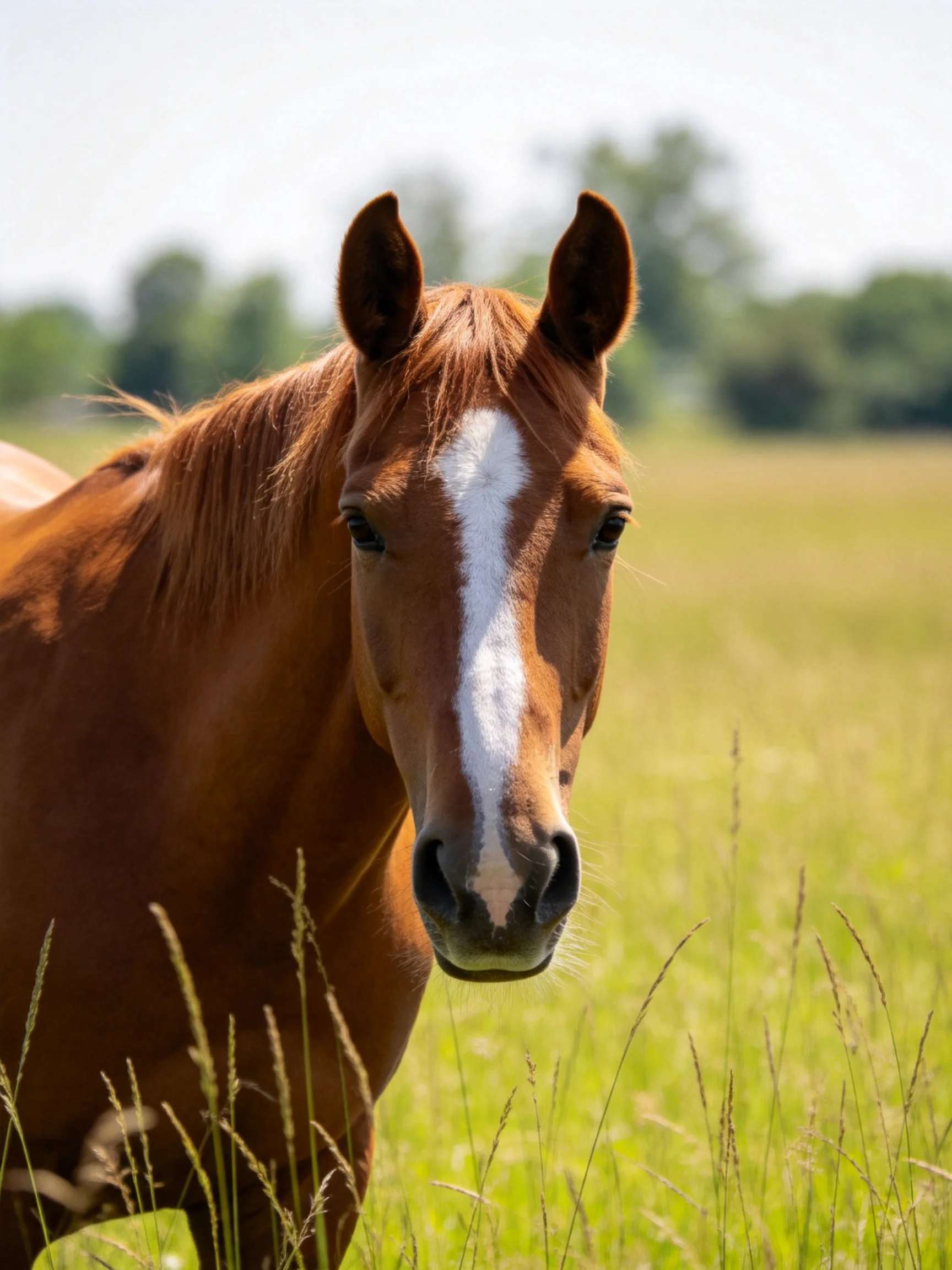 A chestnut horse with a white blaze stands in a sunlit meadow.