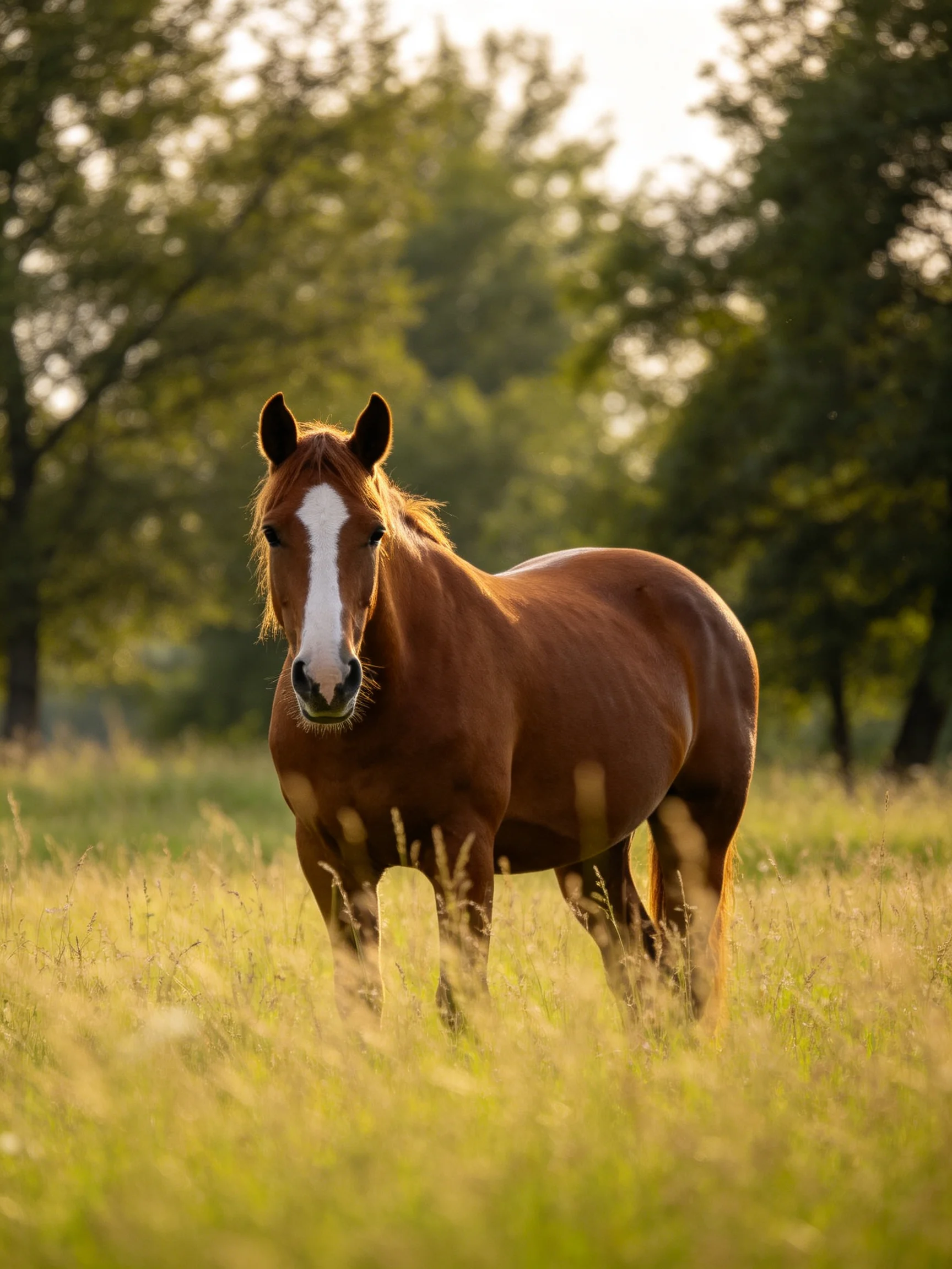 A chestnut horse with a white blaze in a sunlit meadow