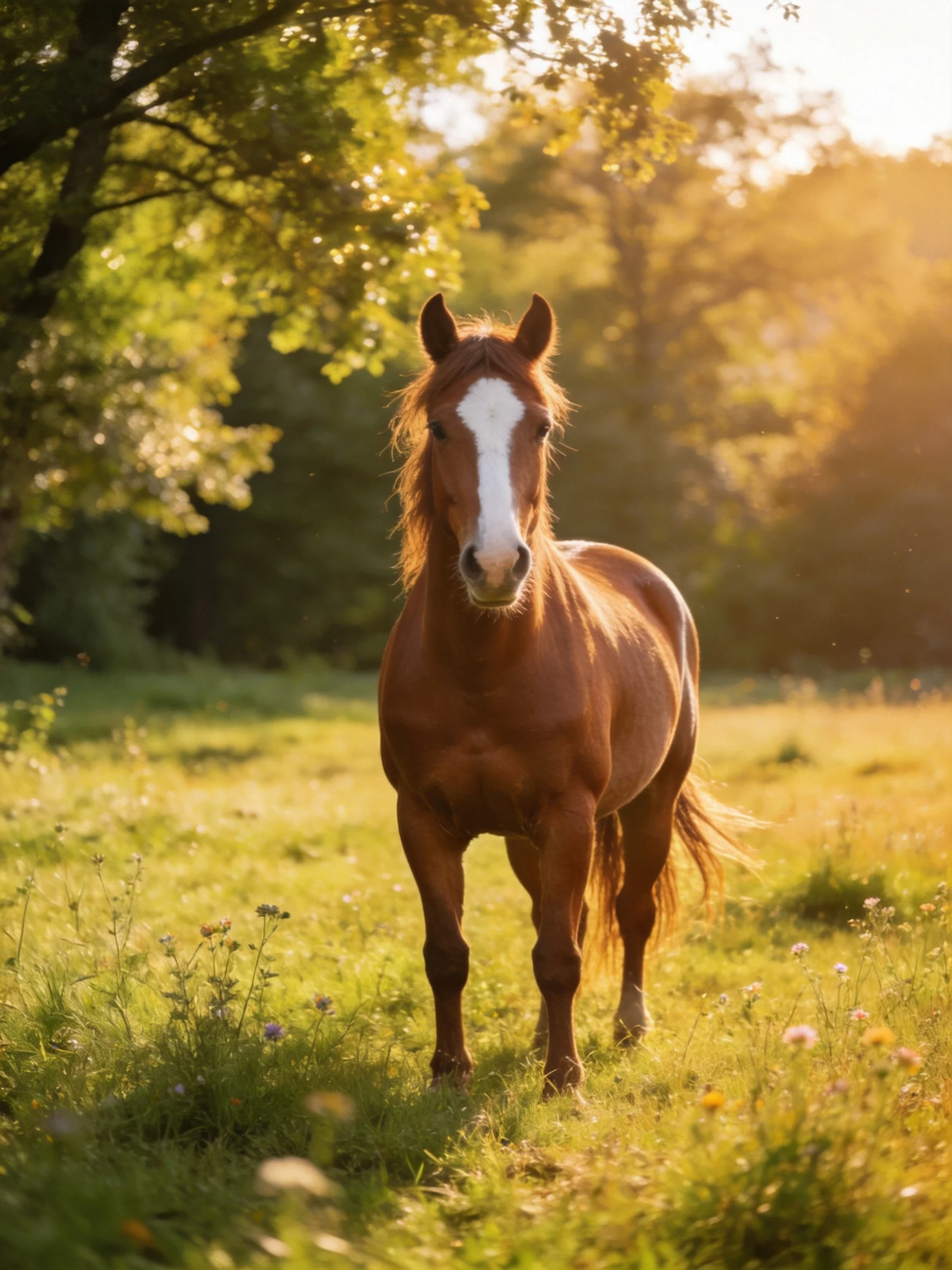 A chestnut horse with a white blaze stands in a sunlit meadow.