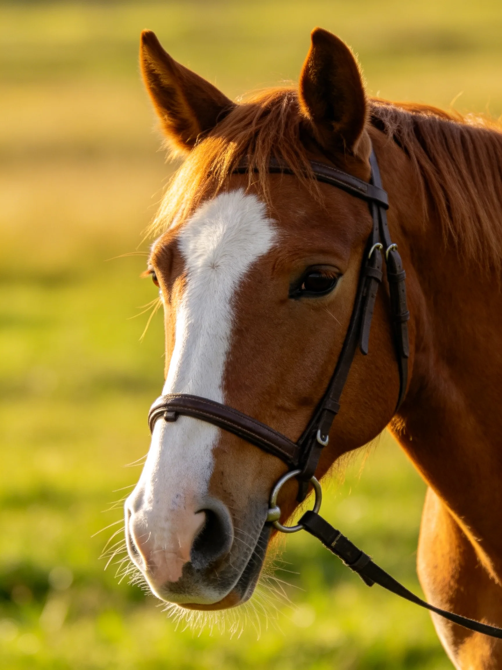 A chestnut horse with a white blaze stands serenely in a sunlit meadow.