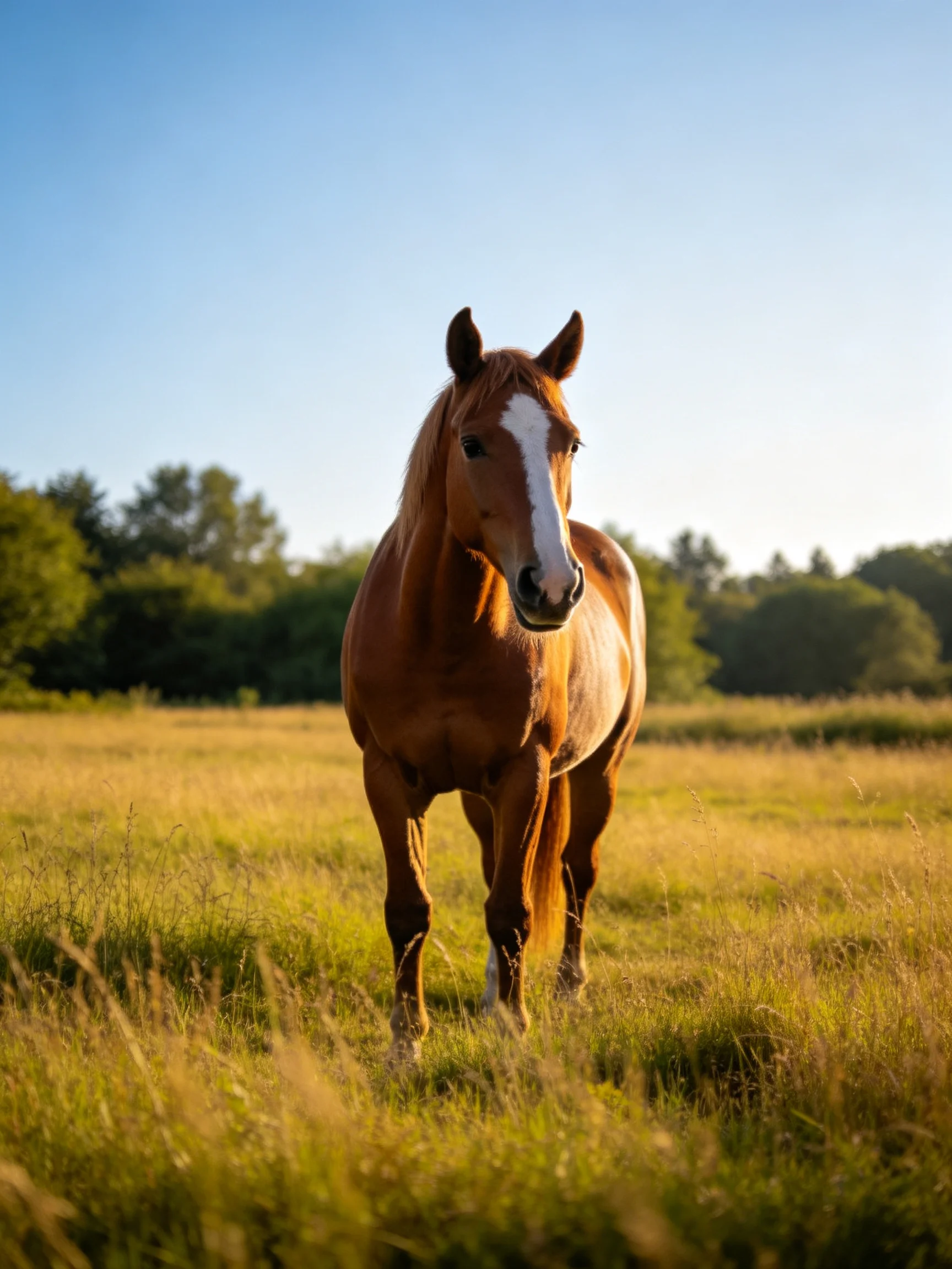 A chestnut horse with a white blaze stands in a sunlit meadow