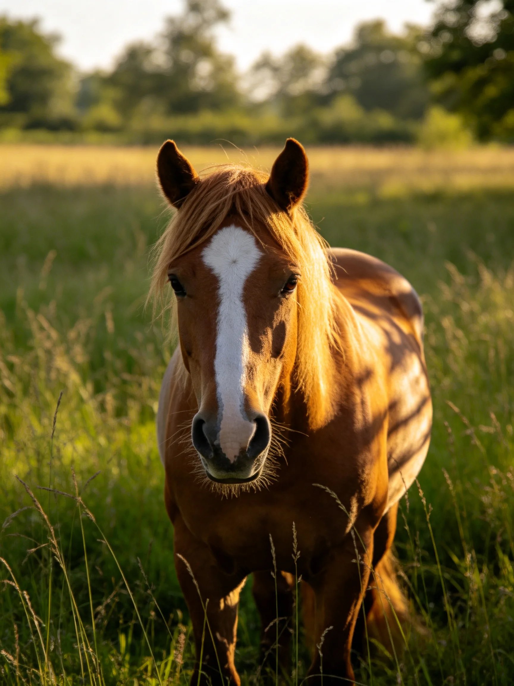 Anut horse with a white blaze stands among tall grass in sun sunlit meadow.