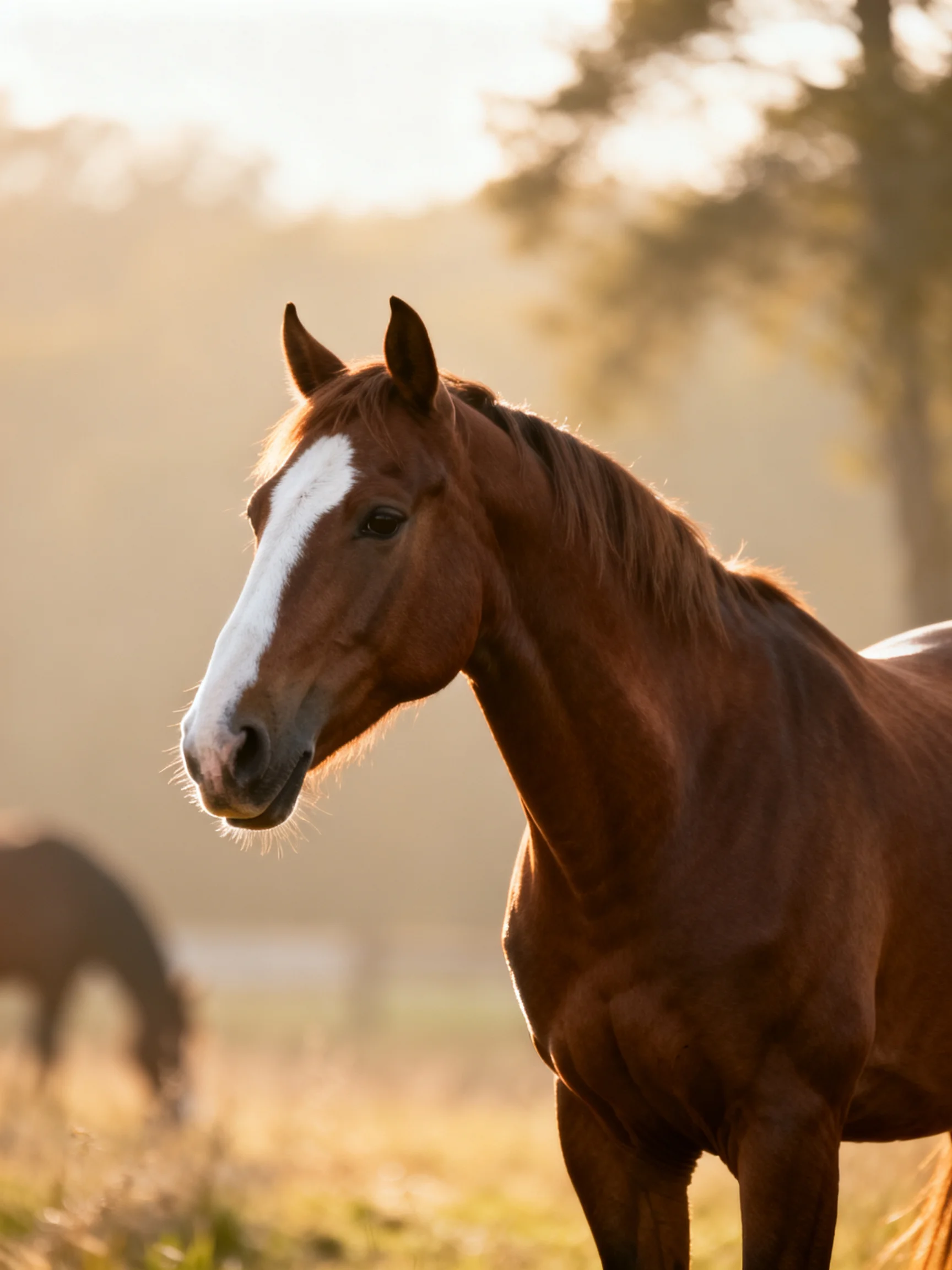 A chestnut horse with a white blaze in a sunlit meadow