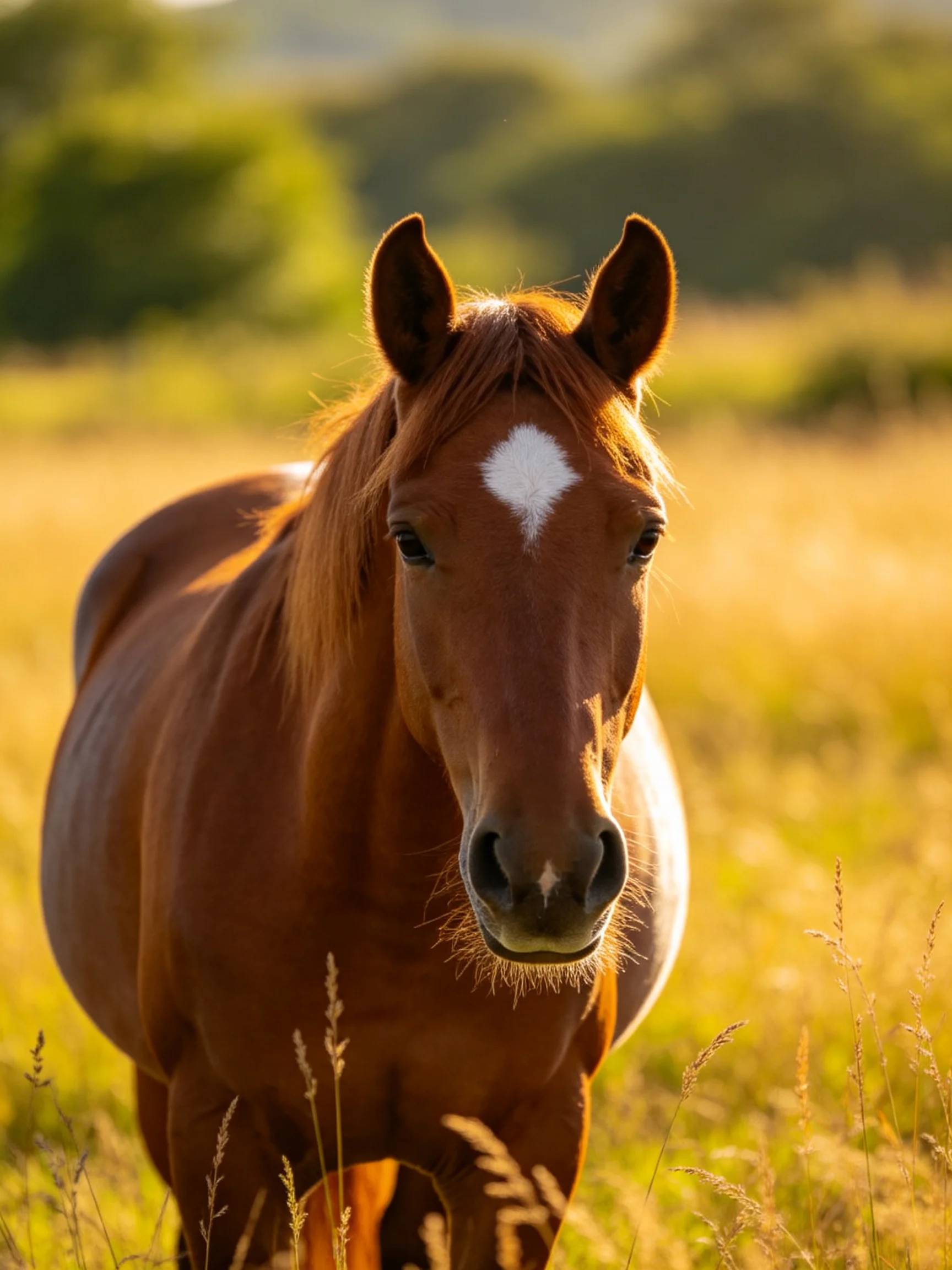 A chestnut horse with a white blaze stands in a sunlit meadow.